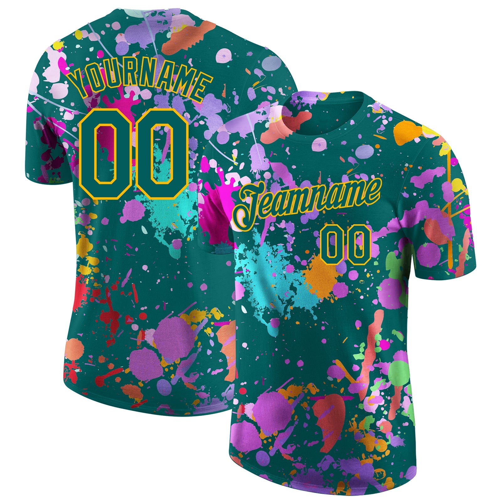 Custom Graffiti Pattern Teal-Gold Vibrant Multicolor Paint Splatter Performance T-Shirt - Main View