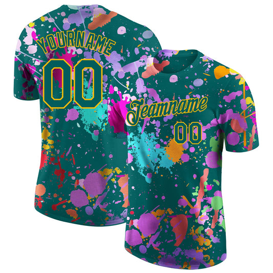 Custom Graffiti Pattern Teal-Gold Vibrant Multicolor Paint Splatter Performance T-Shirt - Main View