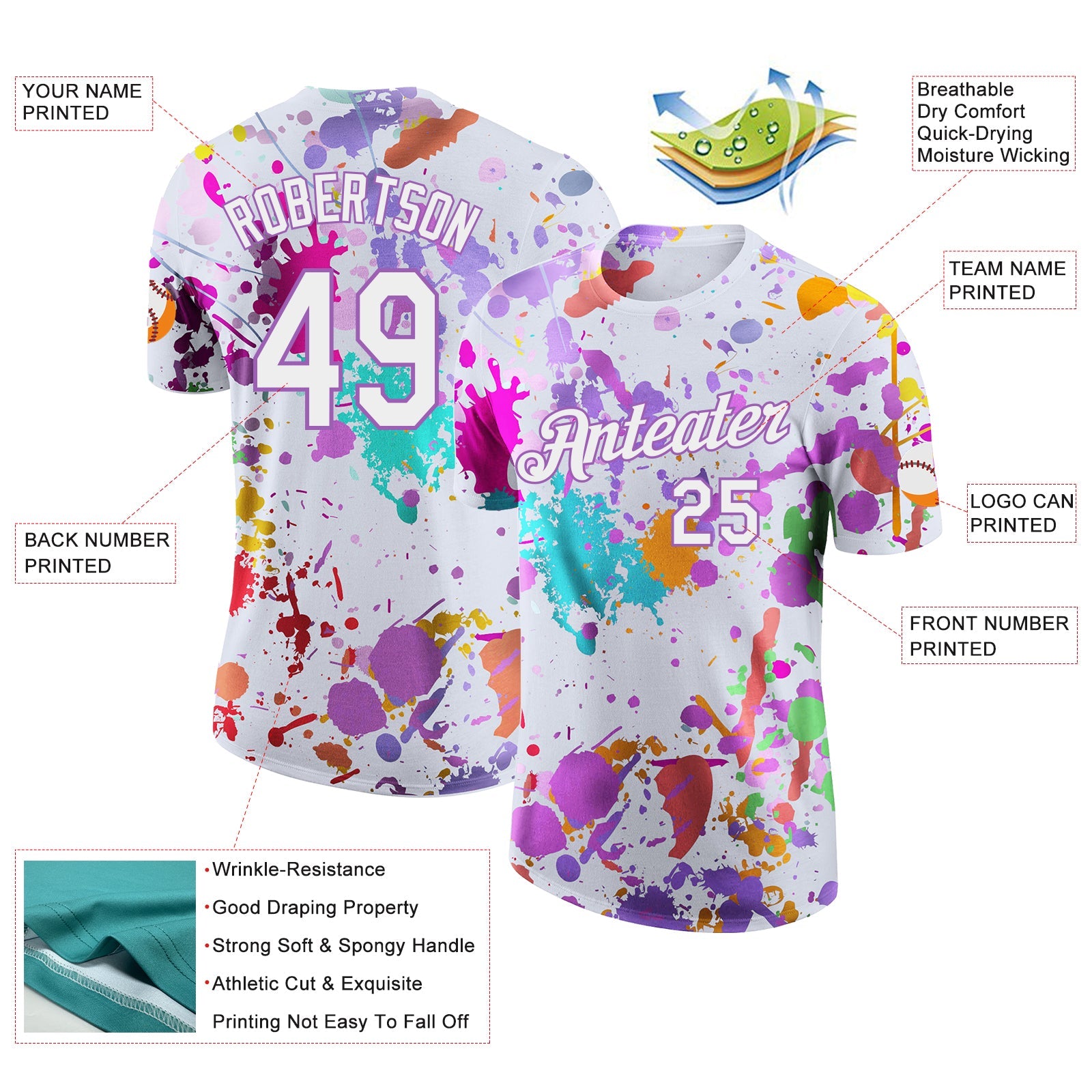 Custom Graffiti Pattern White-Medium Purple Vibrant Multicolor Paint Splatter Performance T-Shirt view 2