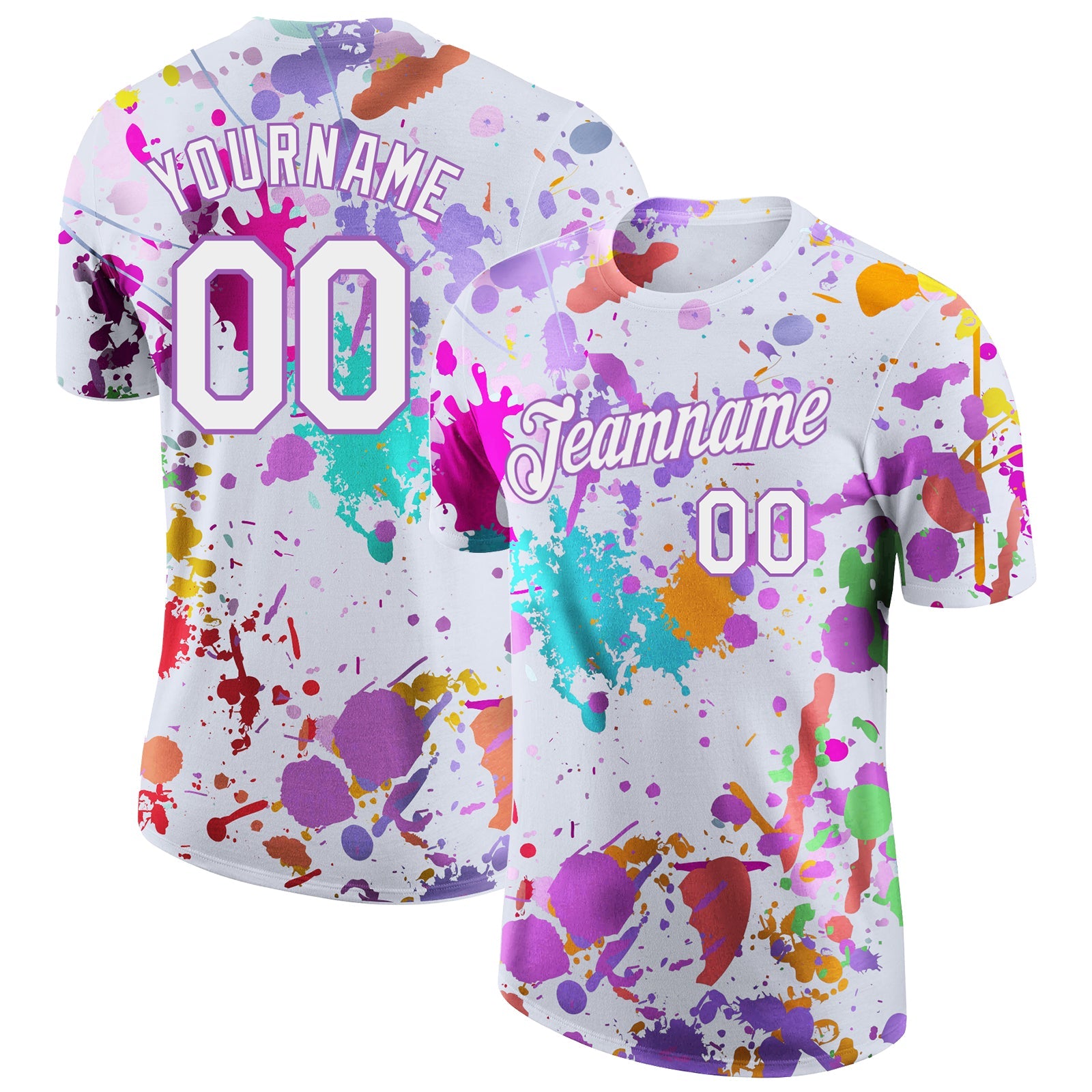 Custom Graffiti Pattern White-Medium Purple Vibrant Multicolor Paint Splatter Performance T-Shirt - Main View