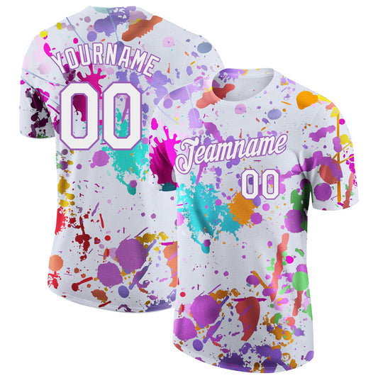Custom Graffiti Pattern White-Medium Purple Vibrant Multicolor Paint Splatter Performance T-Shirt - Main View