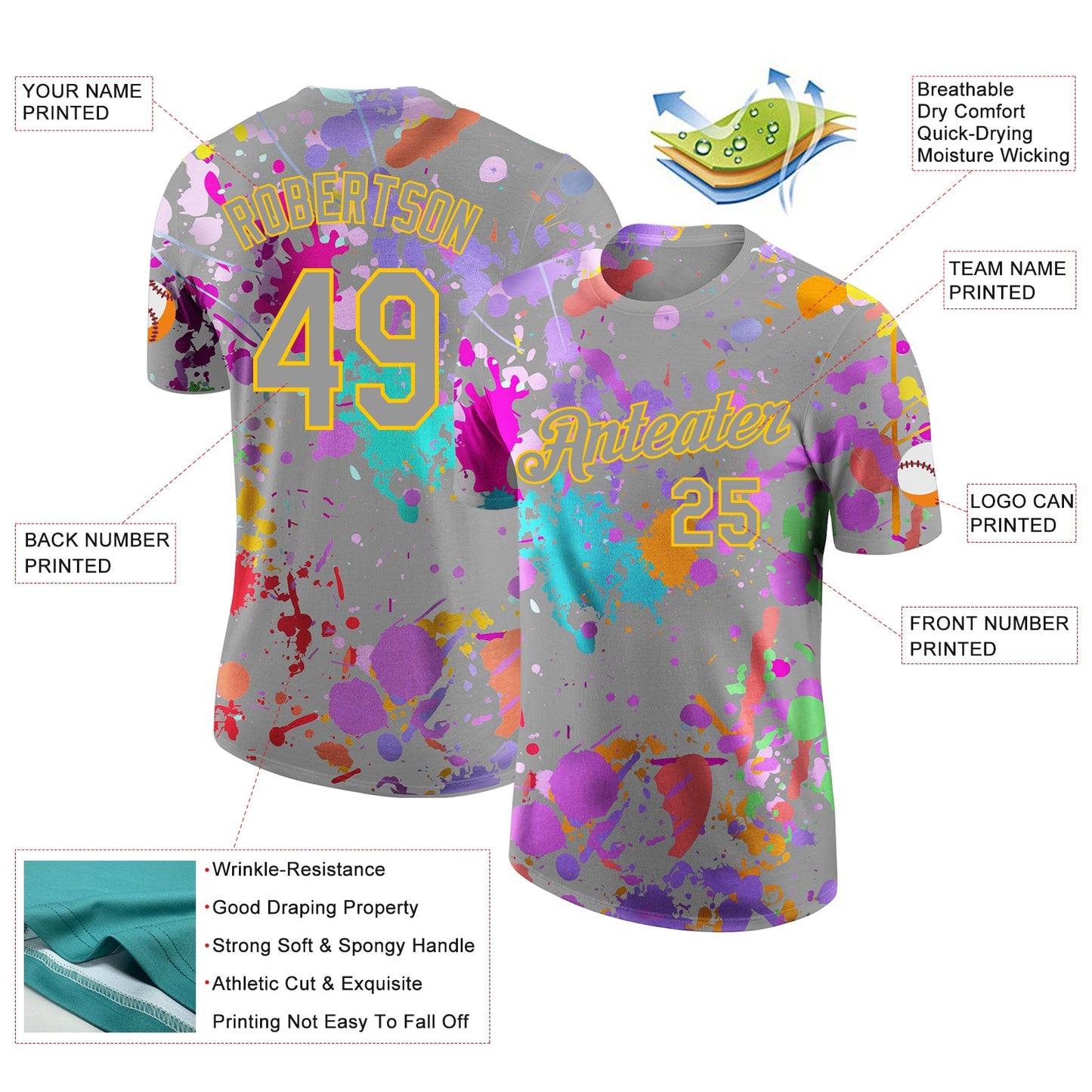 Custom Graffiti Pattern Gray-Yellow Vibrant Multicolor Paint Splatter Performance T-Shirt view 2