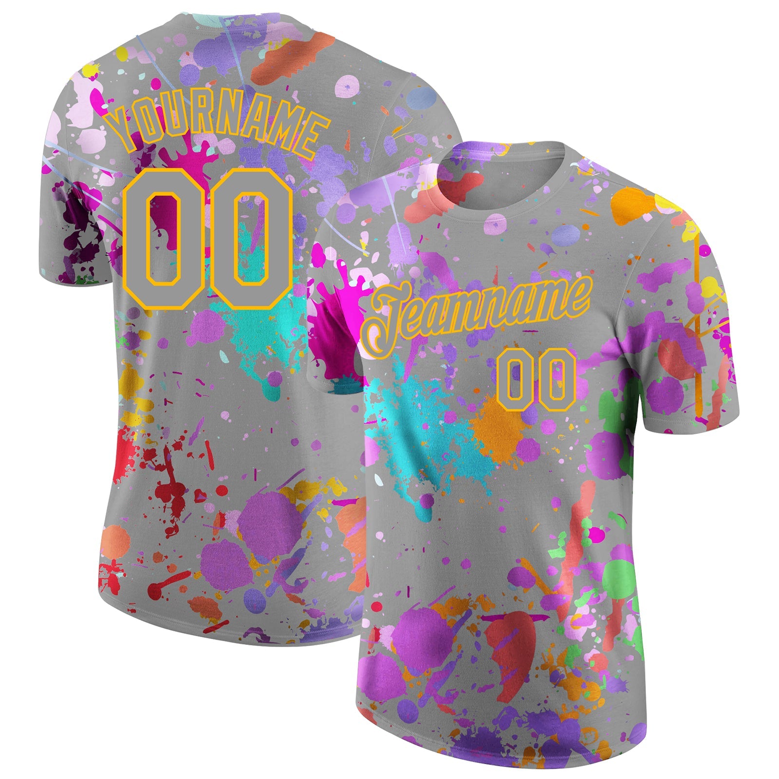 Custom Graffiti Pattern Gray-Yellow Vibrant Multicolor Paint Splatter Performance T-Shirt - Main View