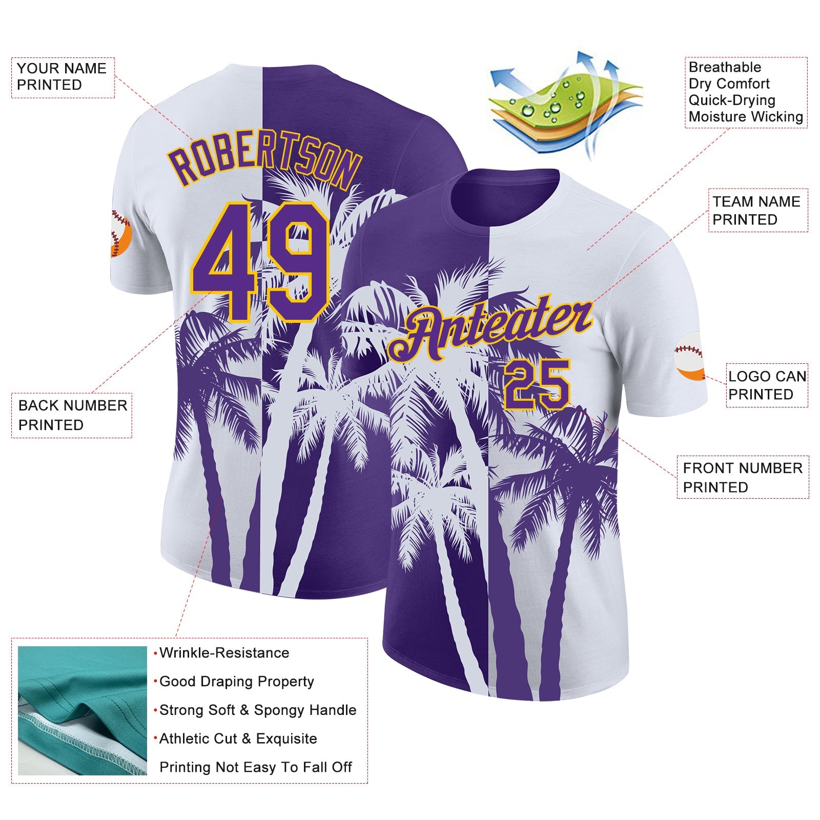 Custom White Purple-Yellow Hawaii Tropical Coastal Palm Trees Performance T-Shirt view 2