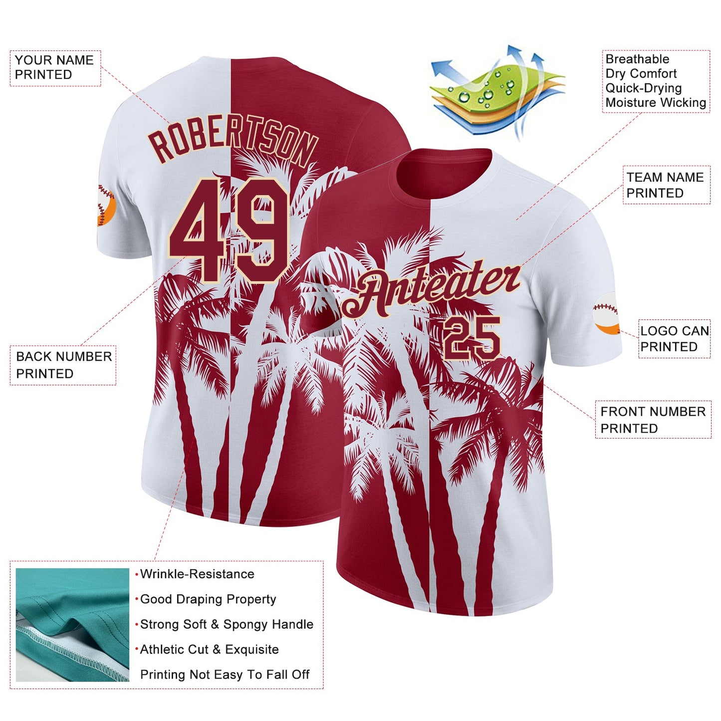 Custom White Crimson-Cream Hawaii Tropical Coastal Palm Trees Performance T-Shirt view 2