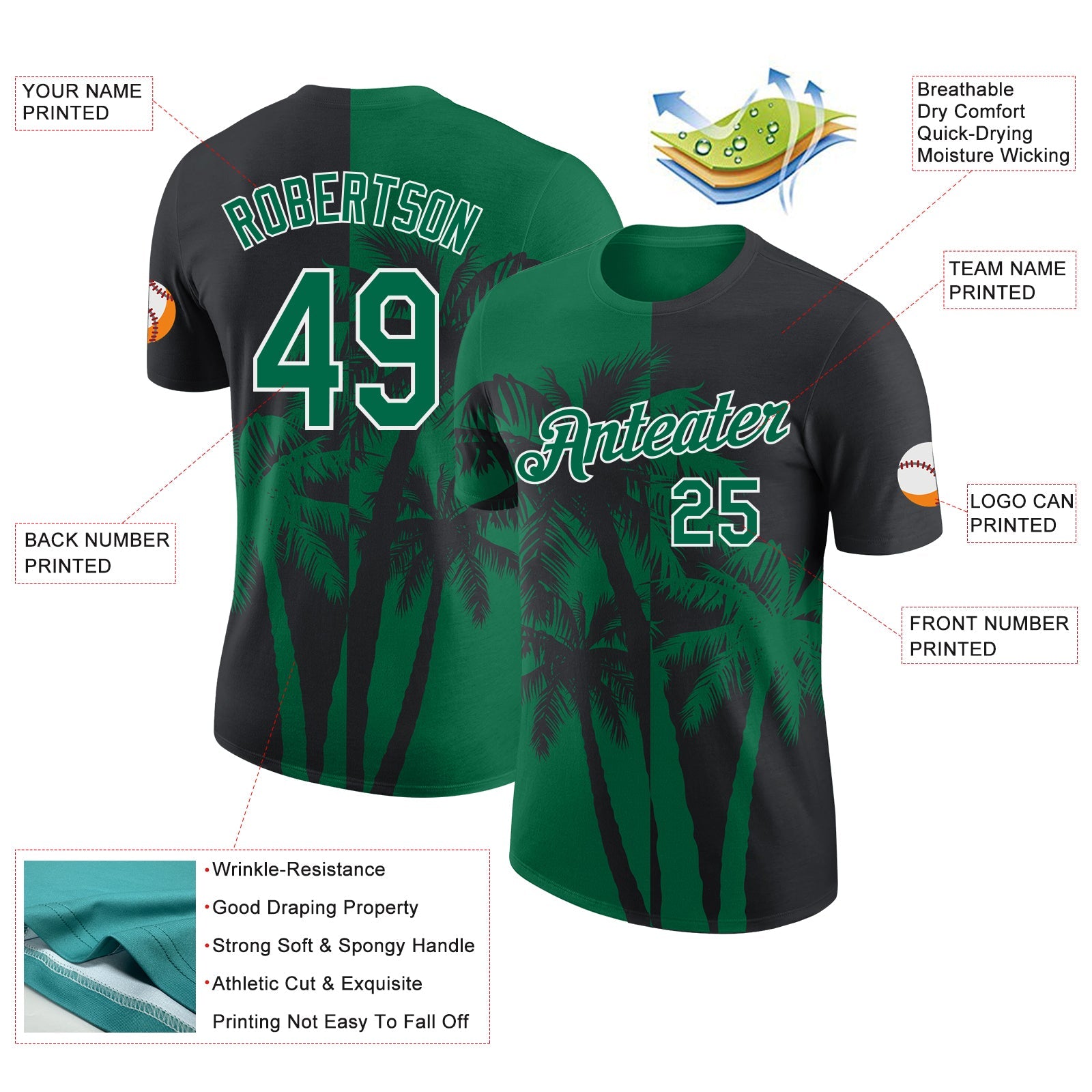 Custom Black Kelly Green-White Hawaii Tropical Coastal Palm Trees Performance T-Shirt view 2