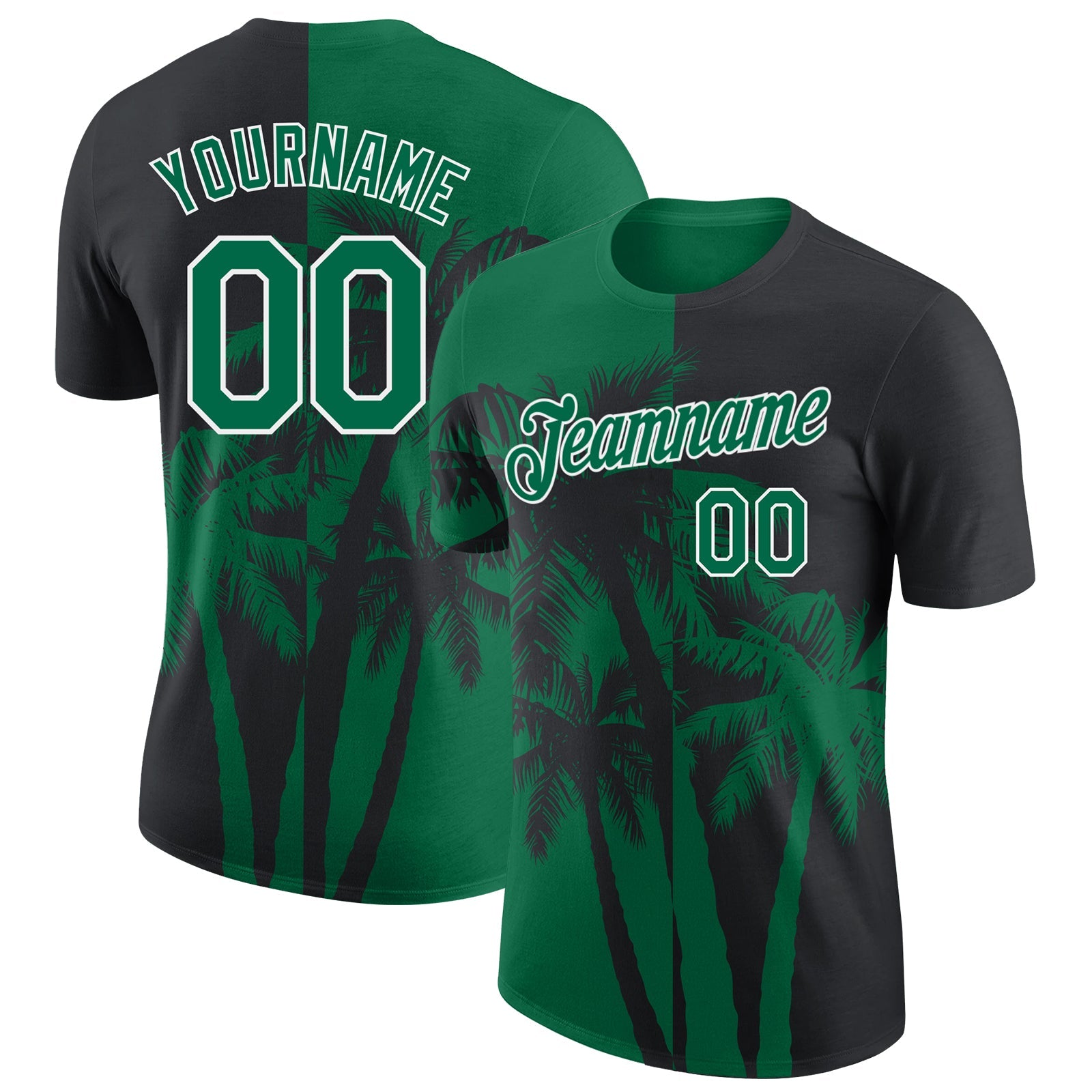 Custom Black Kelly Green-White Hawaii Tropical Coastal Palm Trees Performance T-Shirt - Main View