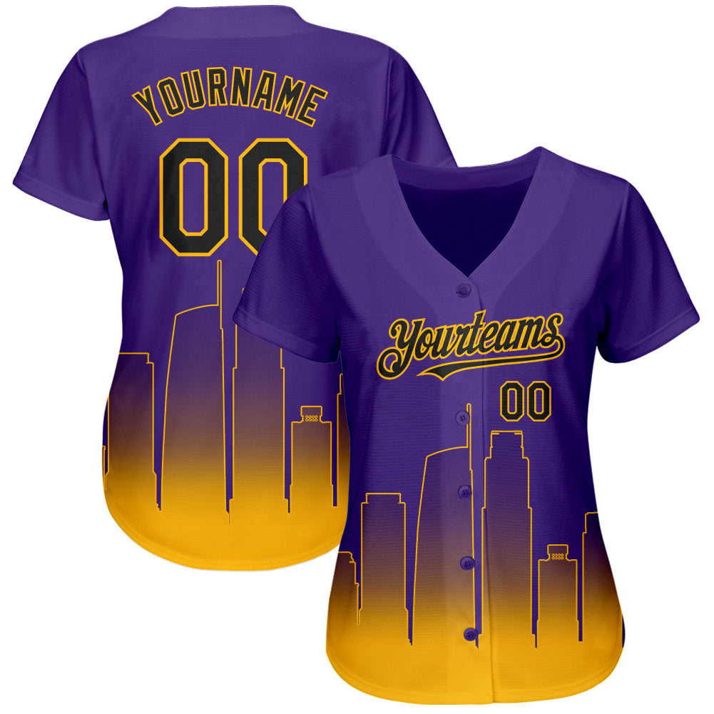Custom Purple Black-Gold 3D Los Angeles City Edition Fade Fashion Authentic Baseball Jersey view 2