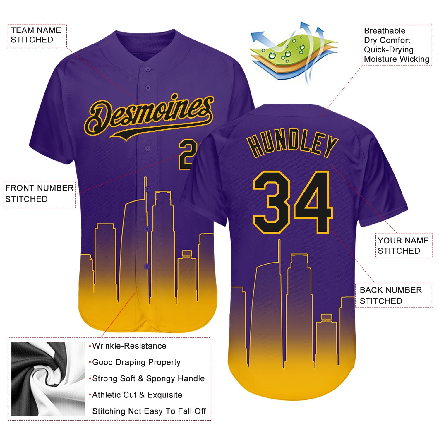 Custom Purple Black-Gold 3D Los Angeles City Edition Fade Fashion Authentic Baseball Jersey view 3