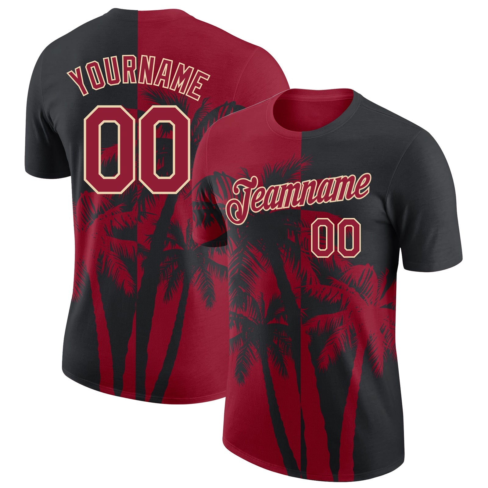 Custom Black Crimson-City Cream Hawaii Tropical Coastal Palm Trees Performance T-Shirt - Main View