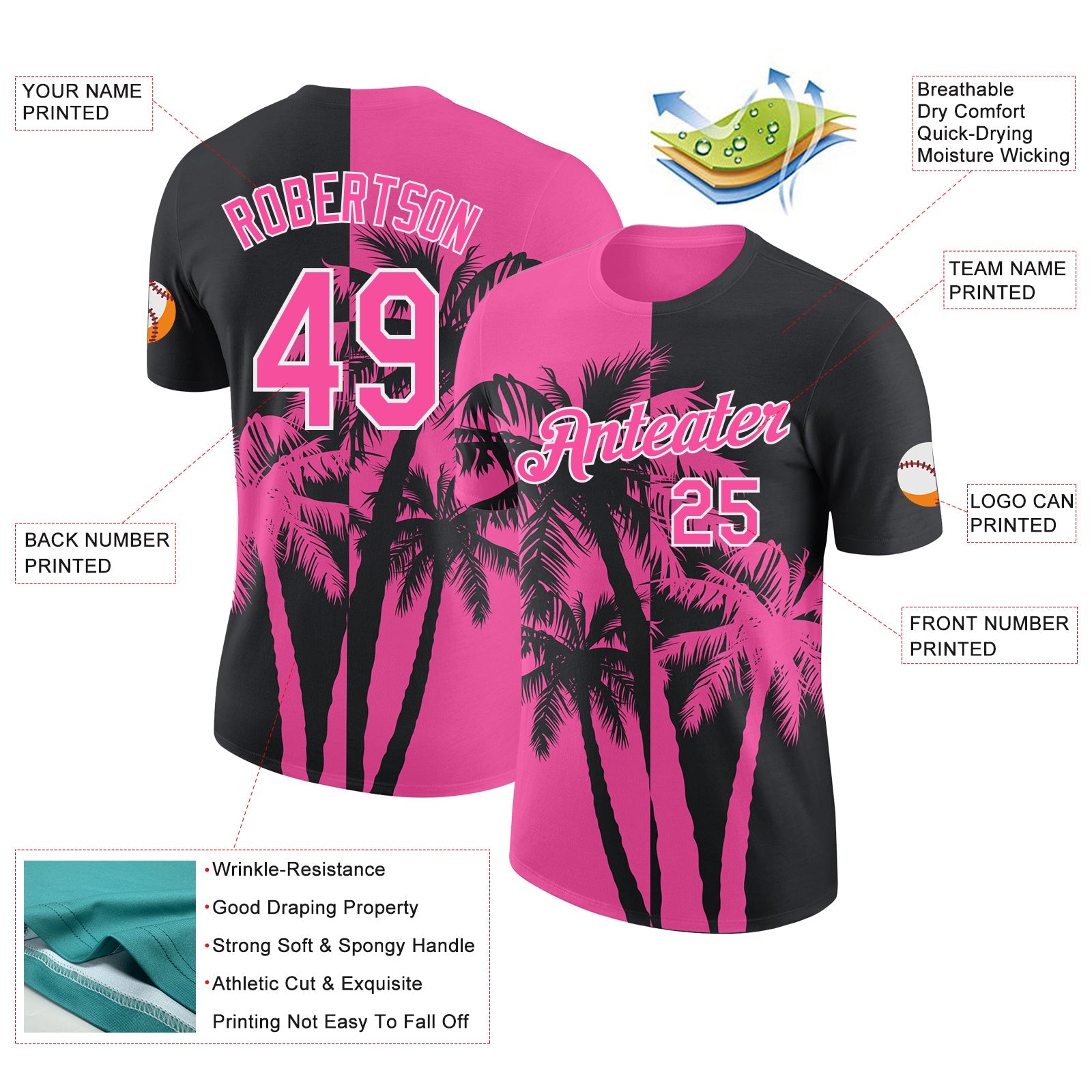 Custom Black Pink-White Hawaii Tropical Coastal Palm Trees Performance T-Shirt view 2
