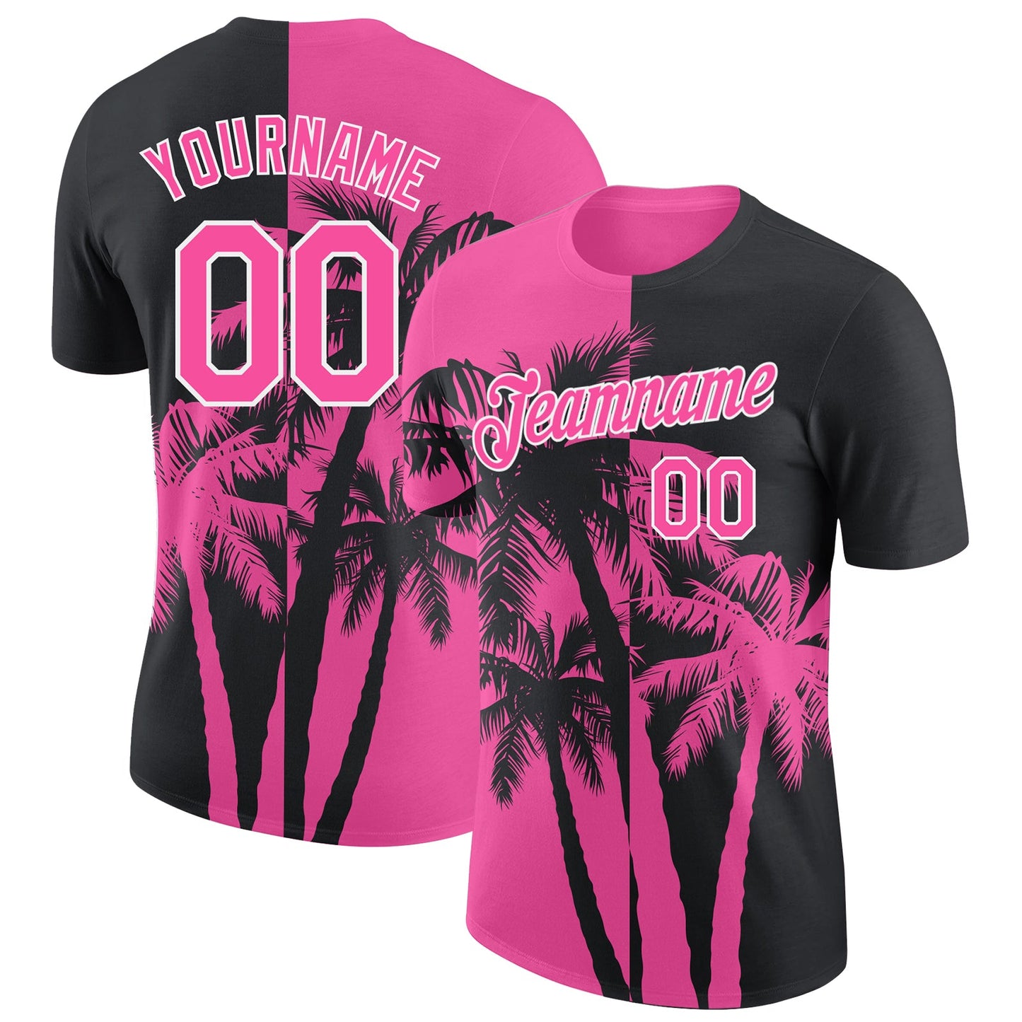 Custom Black Pink-White Hawaii Tropical Coastal Palm Trees Performance T-Shirt - Main View