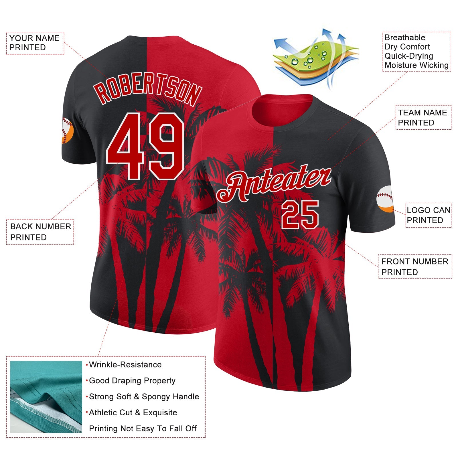 Custom Black Red-White Hawaii Tropical Coastal Palm Trees Performance T-Shirt view 2