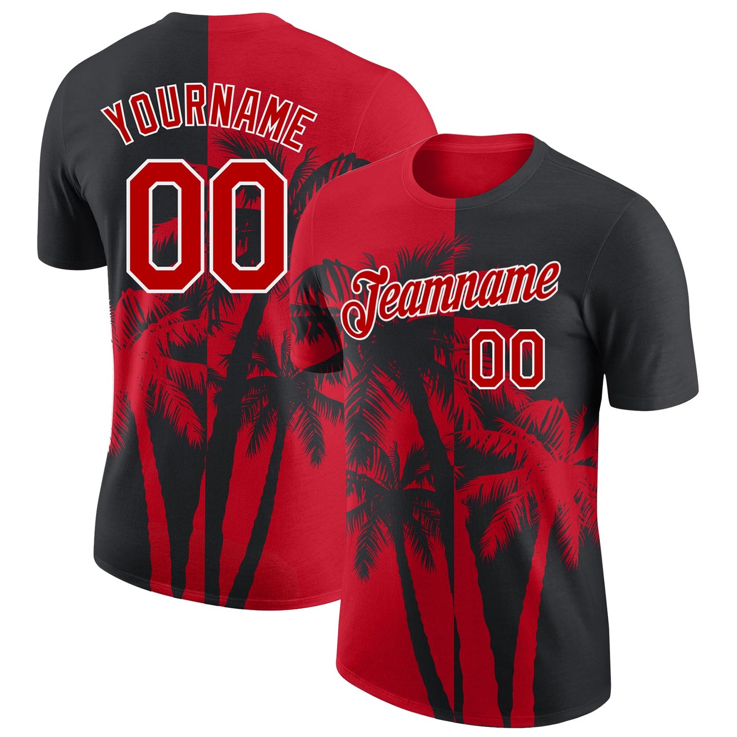 Custom Black Red-White Hawaii Tropical Coastal Palm Trees Performance T-Shirt - Main View