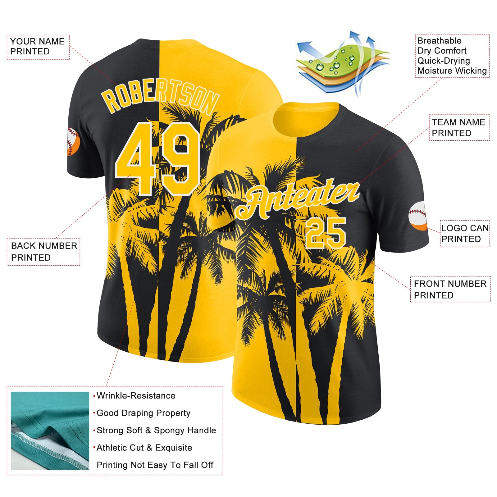 Custom Black Yellow-White Hawaii Tropical Coastal Palm Trees Performance T-Shirt view 2