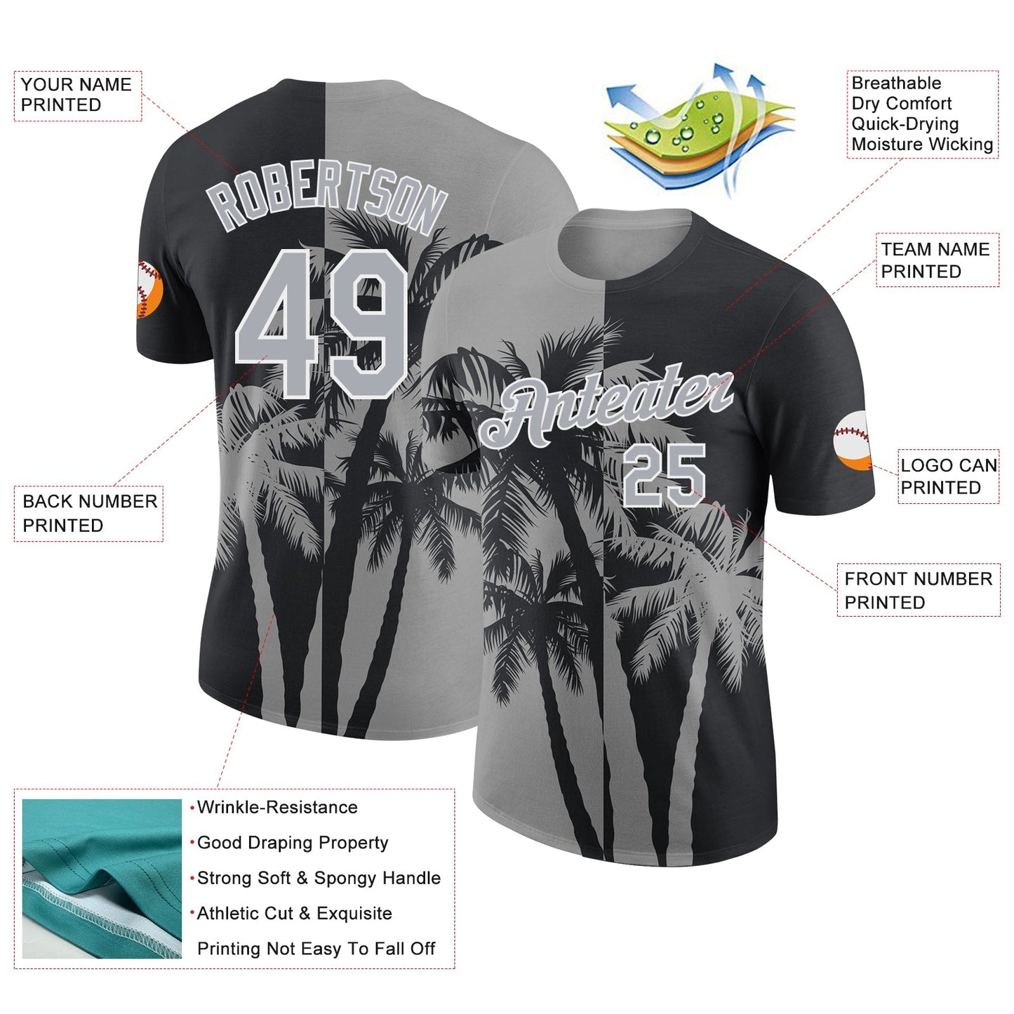 Custom Black Gray-White Hawaii Tropical Coastal Palm Trees Performance T-Shirt view 2