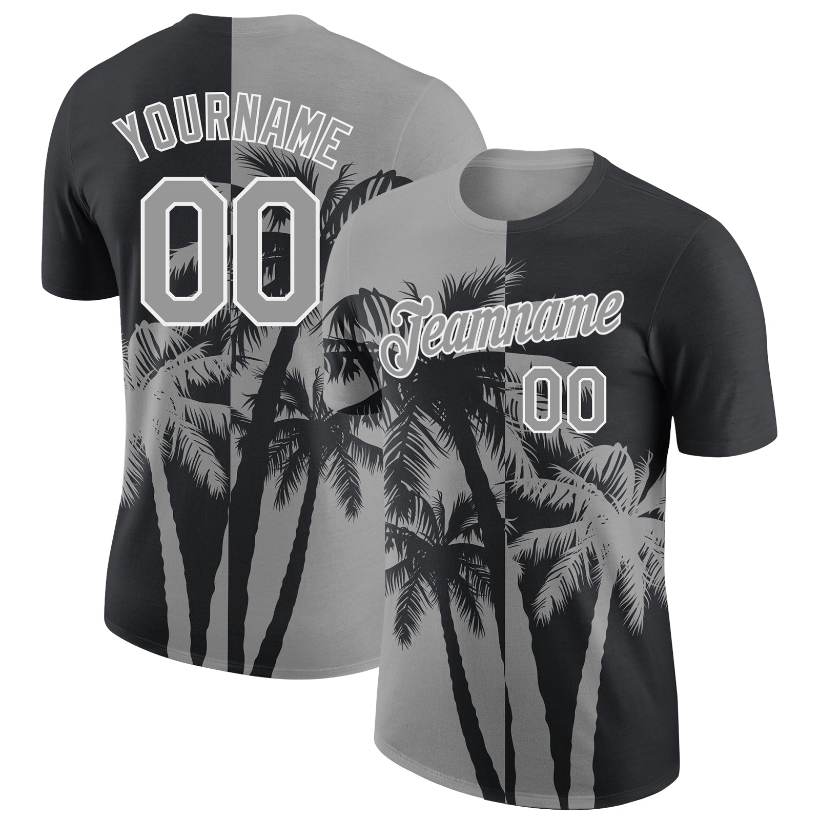 Custom Black Gray-White Hawaii Tropical Coastal Palm Trees Performance T-Shirt - Main View