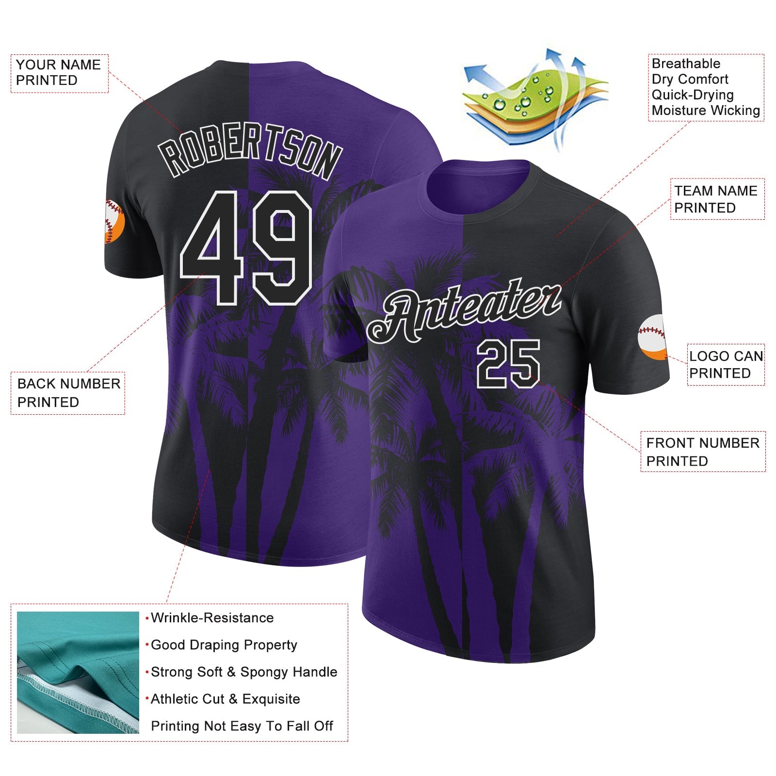 Custom Black Purple-White Hawaii Tropical Coastal Palm Trees Performance T-Shirt view 2