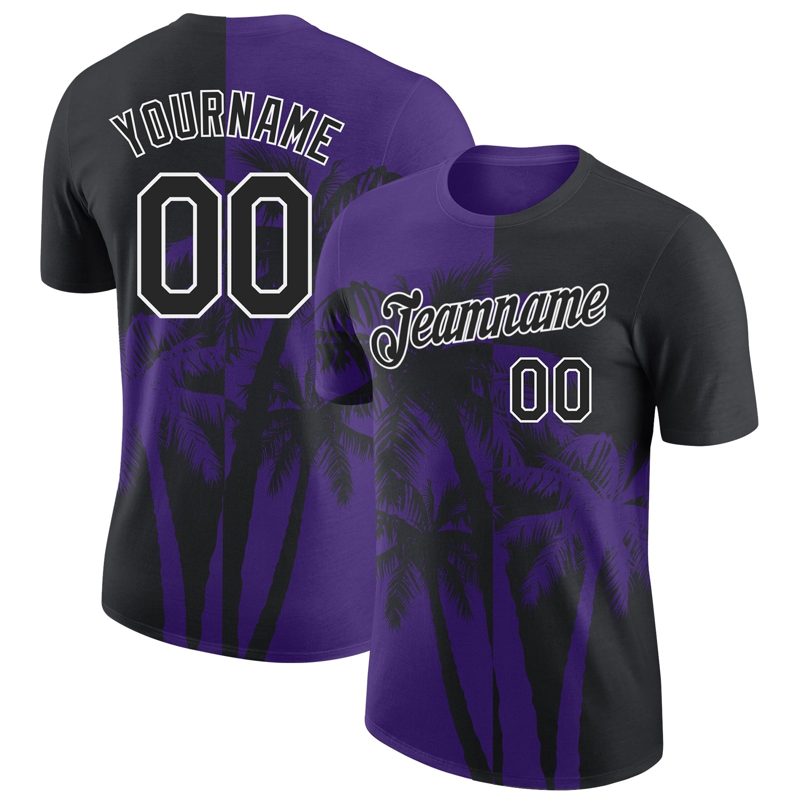 Custom Black Purple-White Hawaii Tropical Coastal Palm Trees Performance T-Shirt - Main View