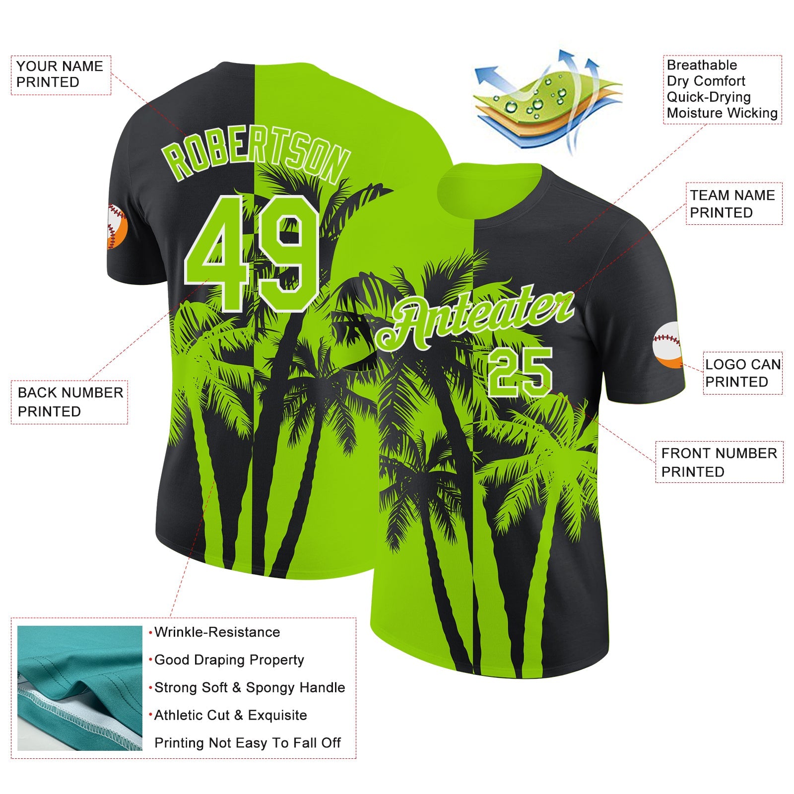Custom Black Neon Green-White Hawaii Tropical Coastal Palm Trees Performance T-Shirt view 2