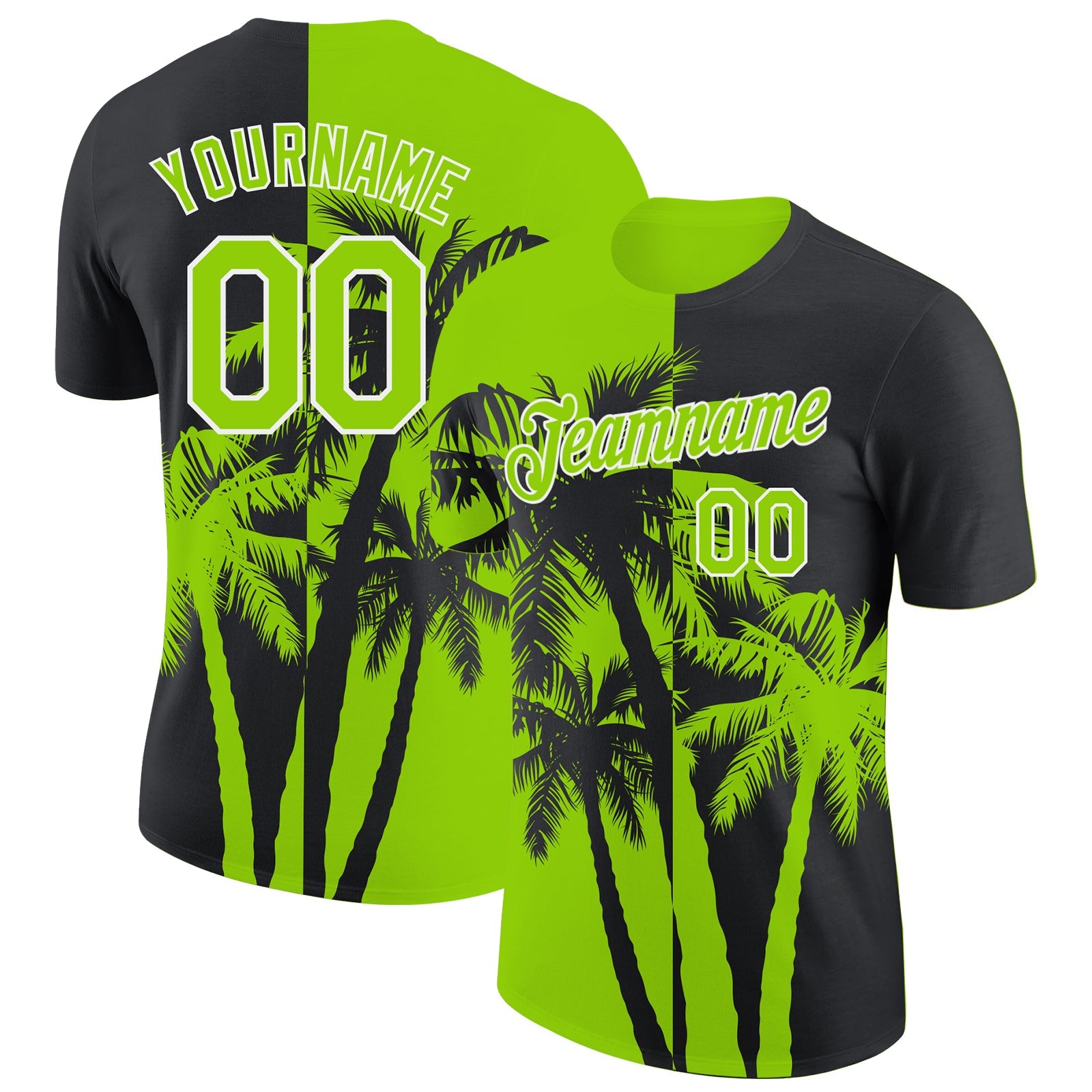 Custom Black Neon Green-White Hawaii Tropical Coastal Palm Trees Performance T-Shirt - Main View