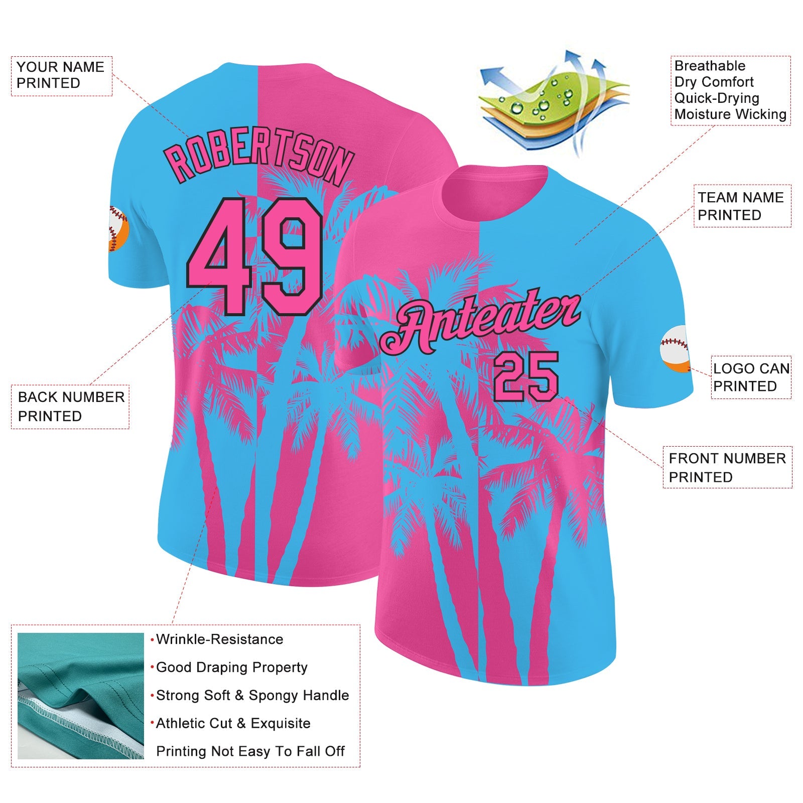 Custom Sky Blue Pink-Black Hawaii Tropical Coastal Palm Trees Performance T-Shirt view 2