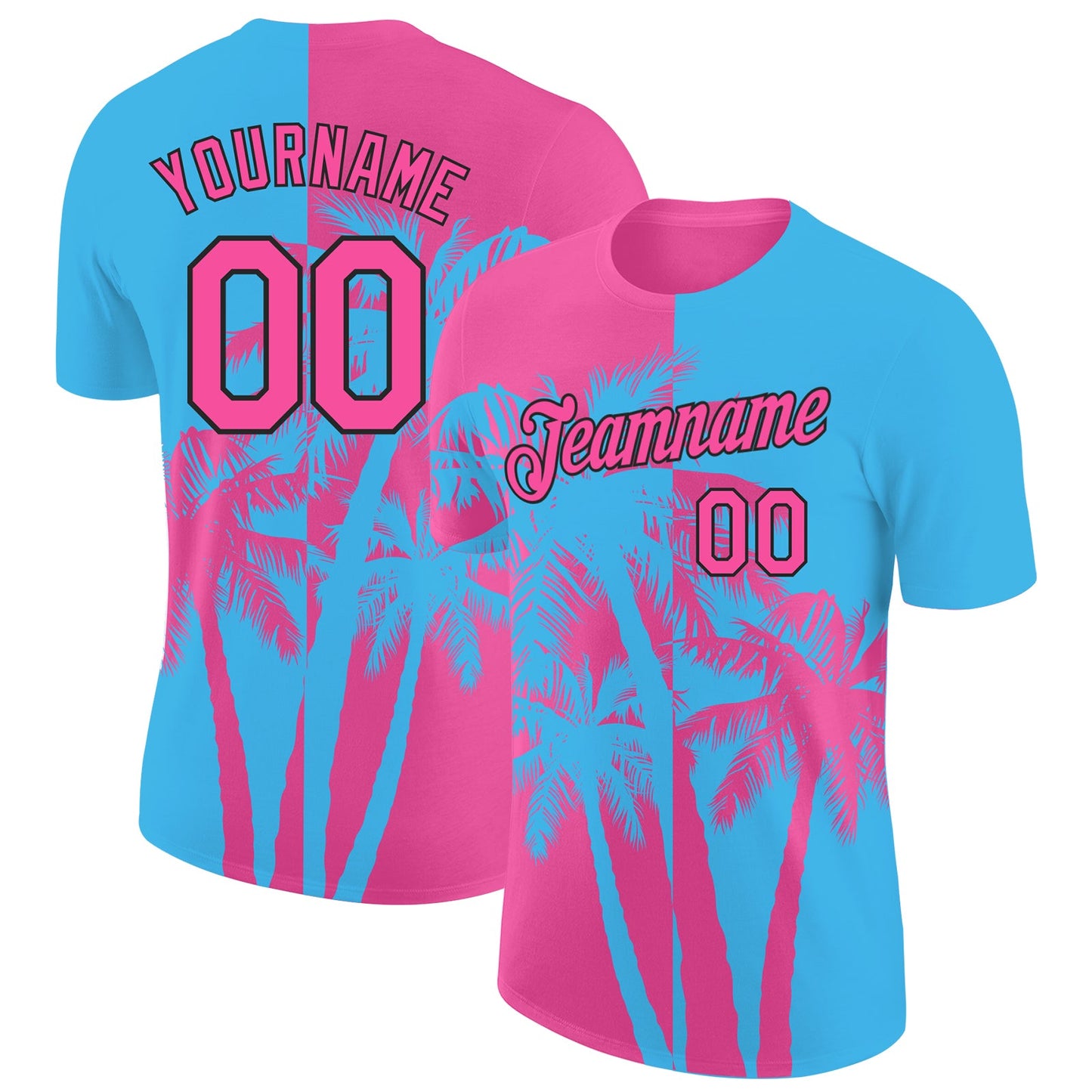 Custom Sky Blue Pink-Black Hawaii Tropical Coastal Palm Trees Performance T-Shirt - Main View