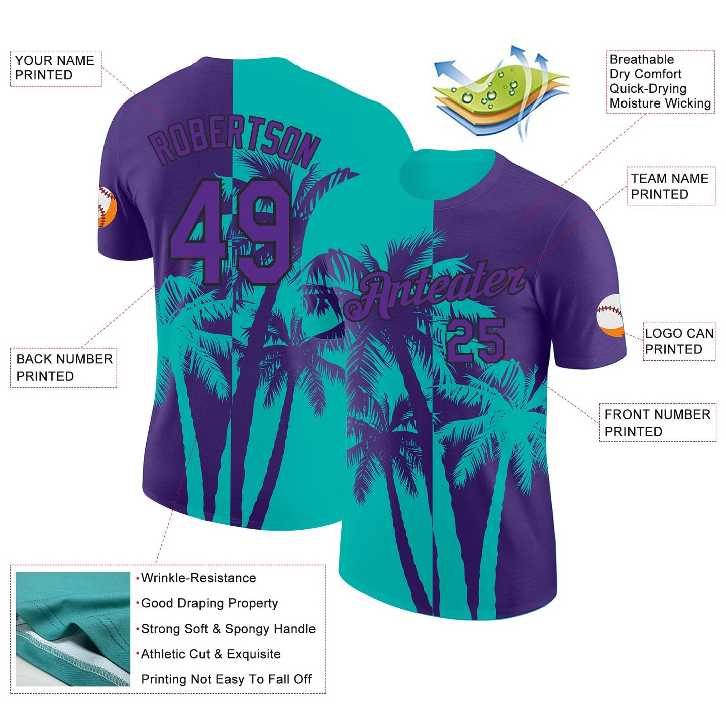 Custom Purple Aqua-Black Hawaii Tropical Coastal Palm Trees Performance T-Shirt view 2