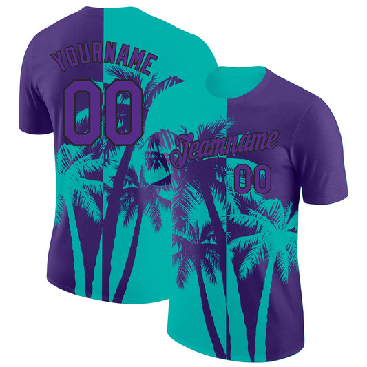 Custom Purple Aqua-Black Hawaii Tropical Coastal Palm Trees Performance T-Shirt - Main View