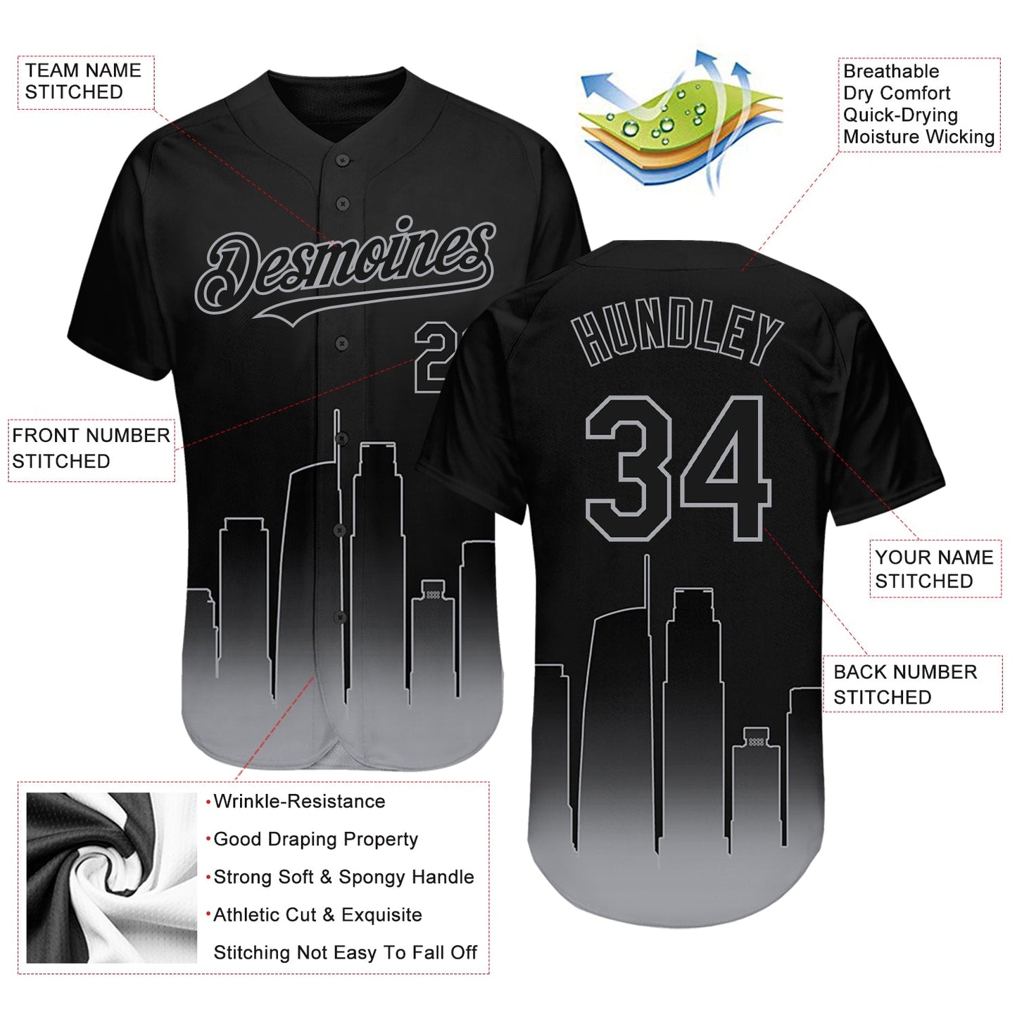 Custom Black-Gray 3D Los Angeles City Edition Fade Fashion Authentic Baseball Jersey view 3