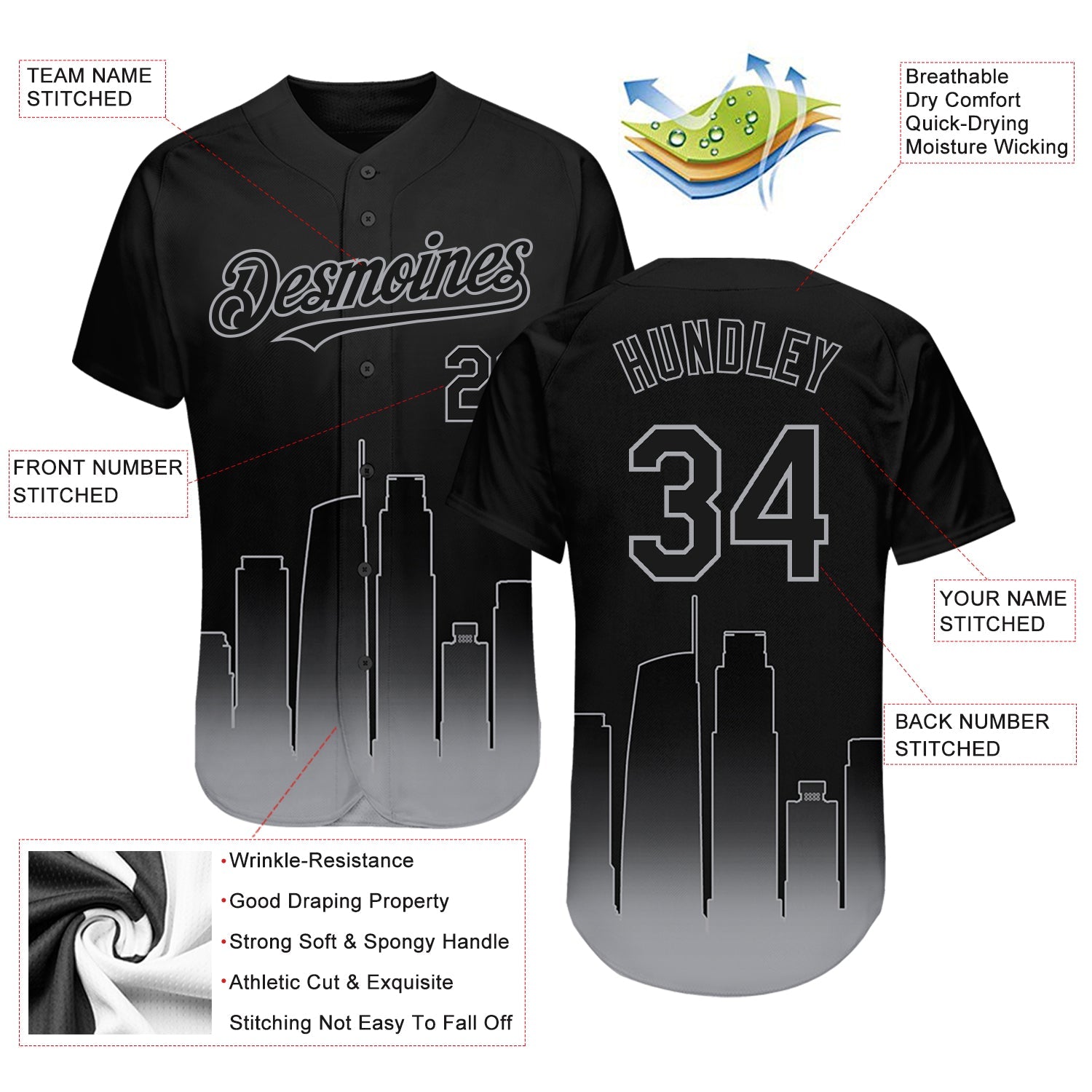 Custom Black-Gray 3D Los Angeles City Edition Fade Fashion Authentic Baseball Jersey view 3