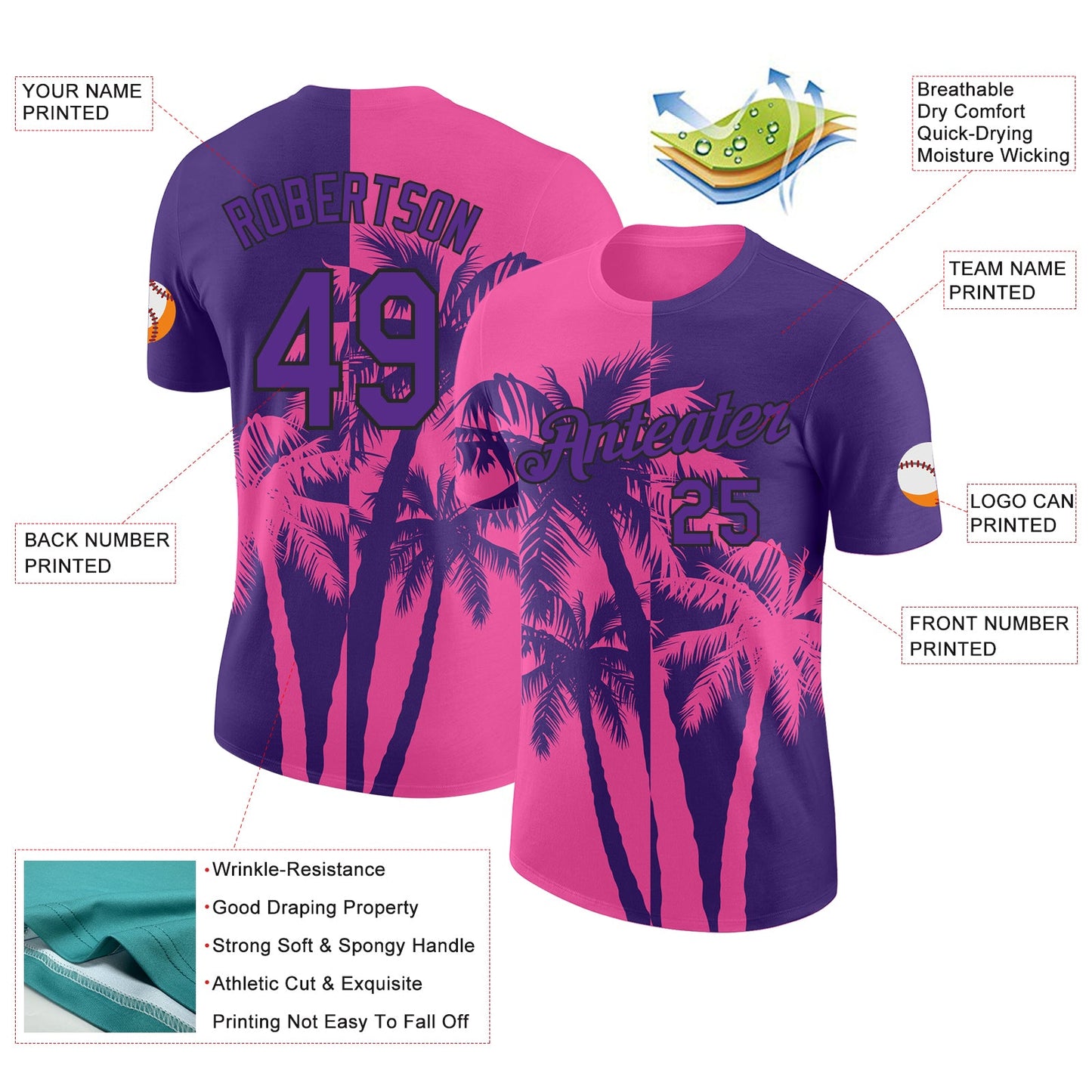 Custom Purple Pink-Black Hawaii Tropical Coastal Palm Trees Performance T-Shirt view 2