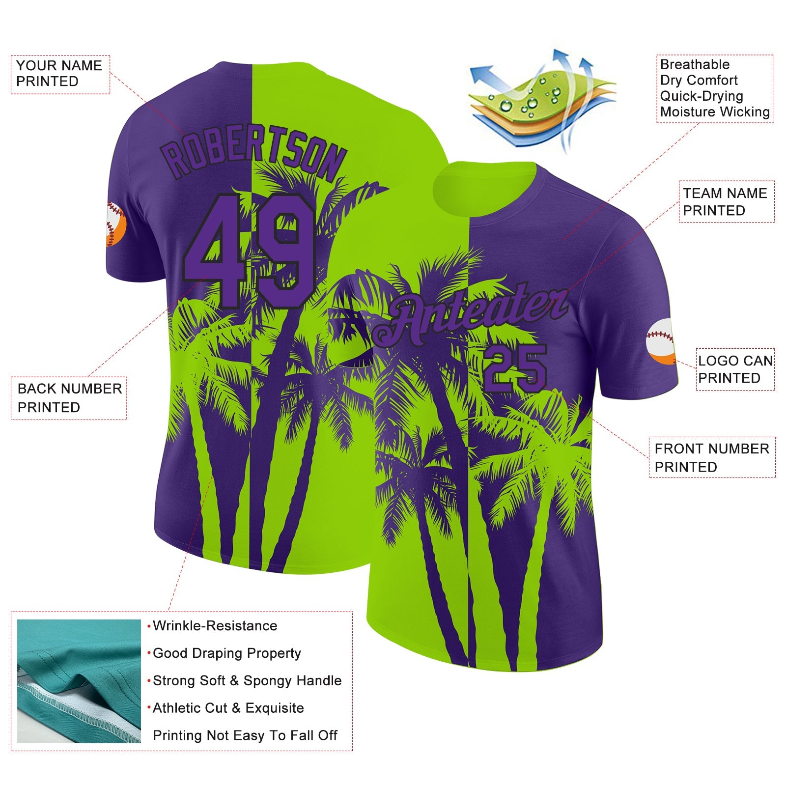 Custom Purple Neon Green-Black Hawaii Tropical Coastal Palm Trees Performance T-Shirt view 2