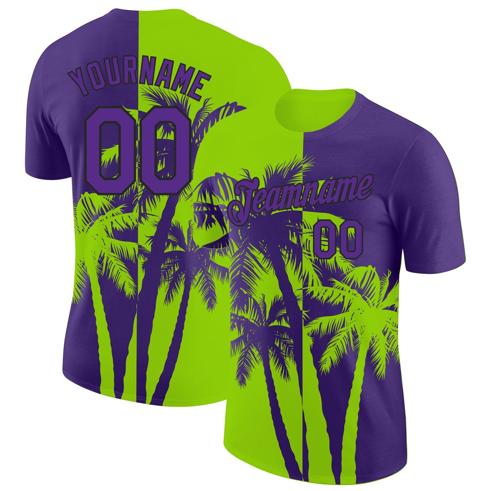 Custom Purple Neon Green-Black Hawaii Tropical Coastal Palm Trees Performance T-Shirt - Main View
