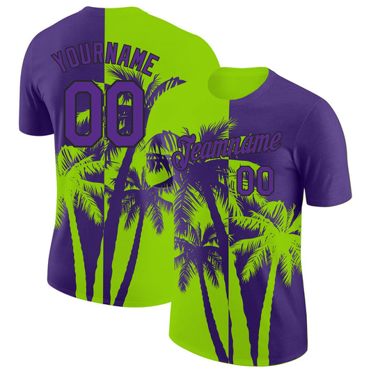 Custom Purple Neon Green-Black Hawaii Tropical Coastal Palm Trees Performance T-Shirt - Main View
