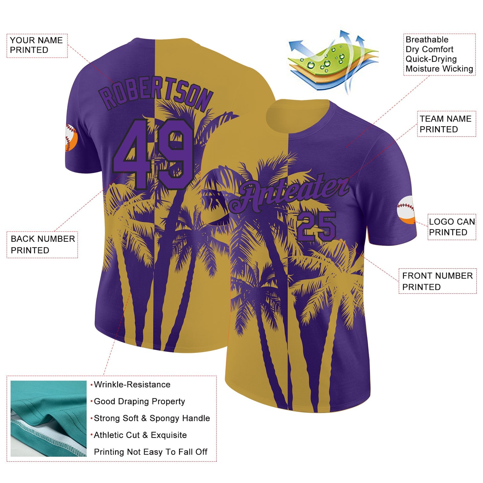 Custom Purple Old Gold-Black Hawaii Tropical Coastal Palm Trees Performance T-Shirt view 2