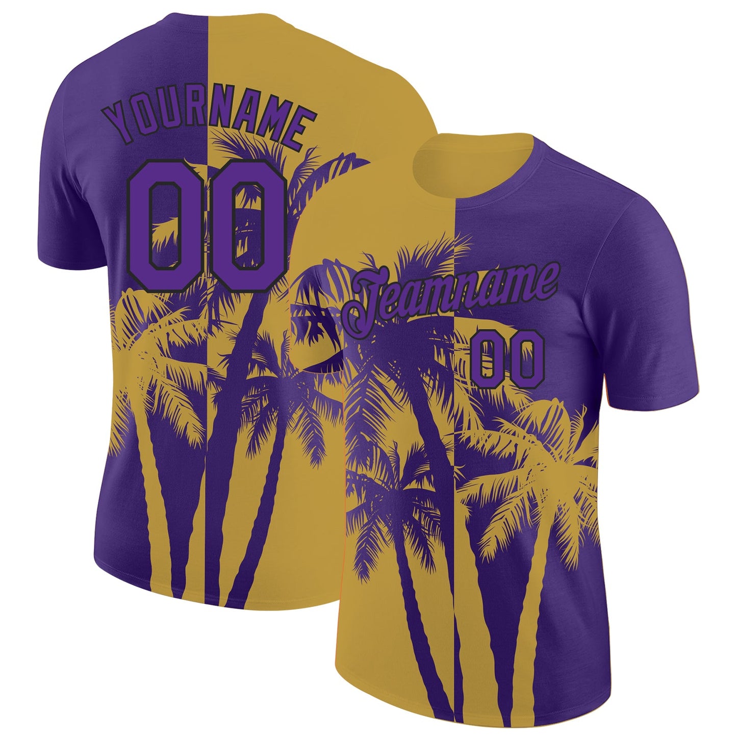 Custom Purple Old Gold-Black Hawaii Tropical Coastal Palm Trees Performance T-Shirt - Main View