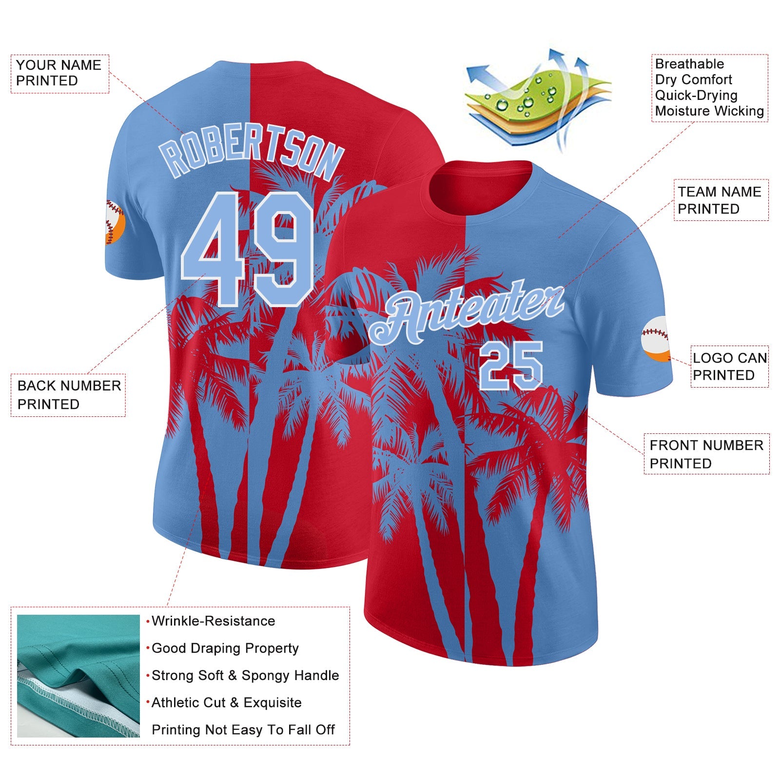 Custom Light Blue Red-White Hawaii Tropical Coastal Palm Trees Performance T-Shirt view 2