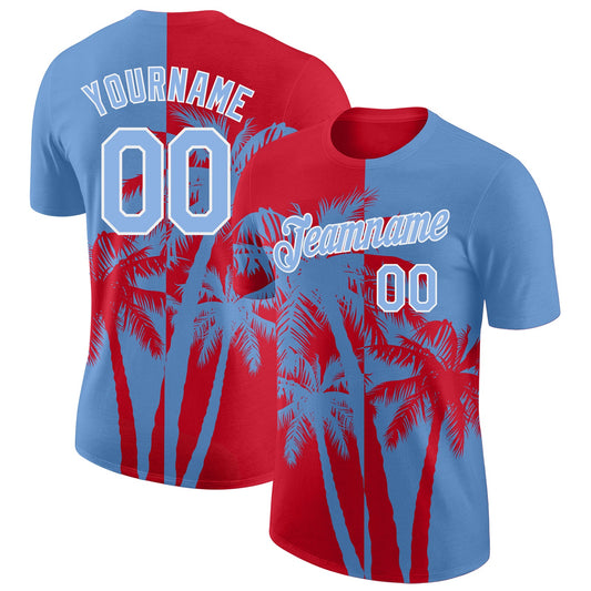 Custom Light Blue Red-White Hawaii Tropical Coastal Palm Trees Performance T-Shirt - Main View