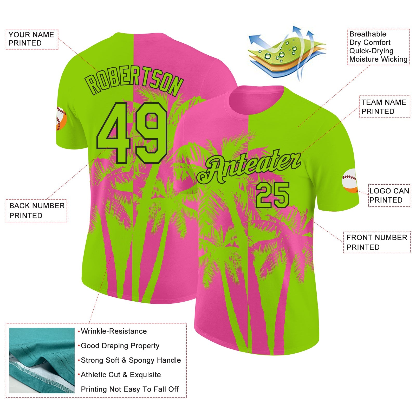 Custom Neon Green Pink-Black Hawaii Tropical Coastal Palm Trees Performance T-Shirt view 2