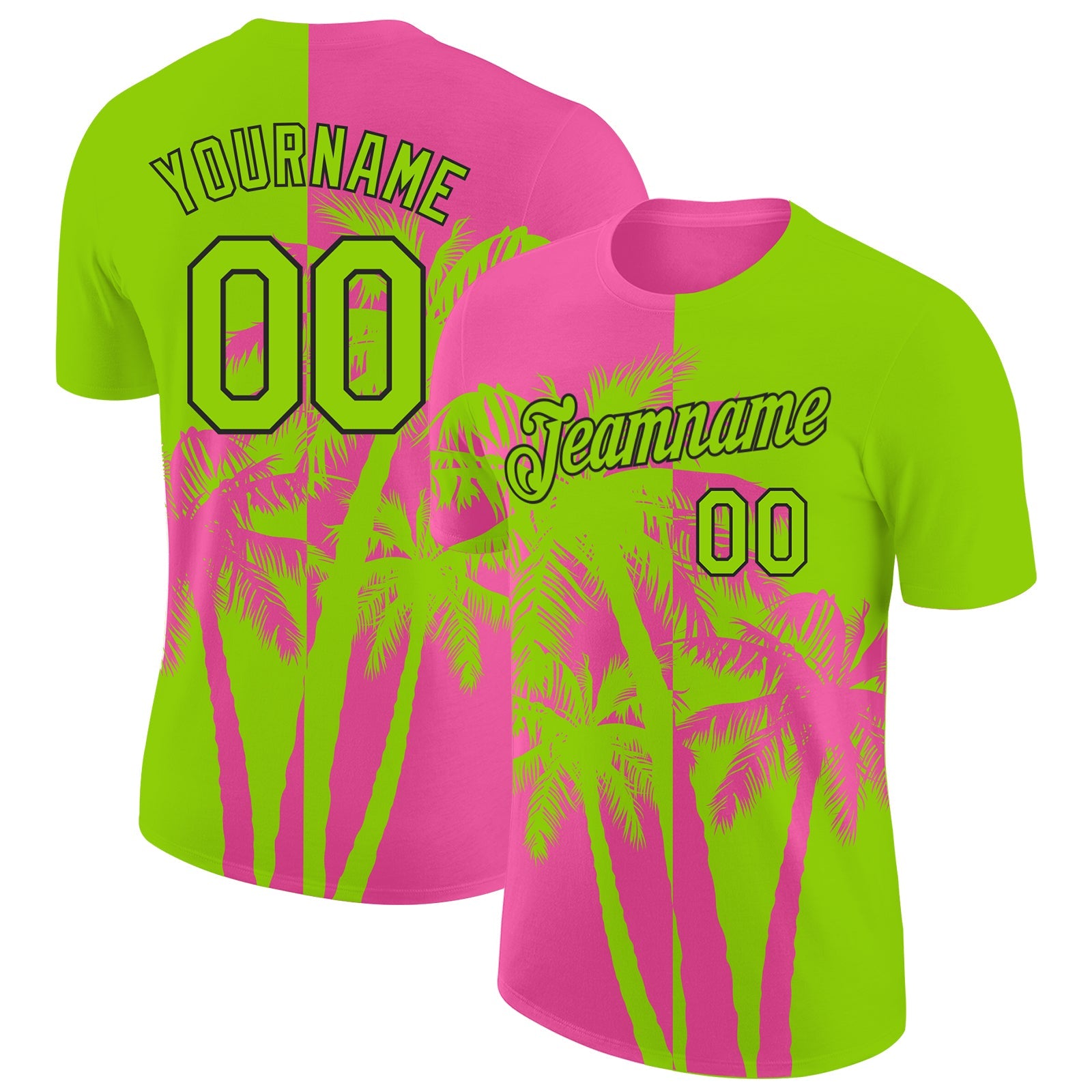 Custom Neon Green Pink-Black Hawaii Tropical Coastal Palm Trees Performance T-Shirt - Main View