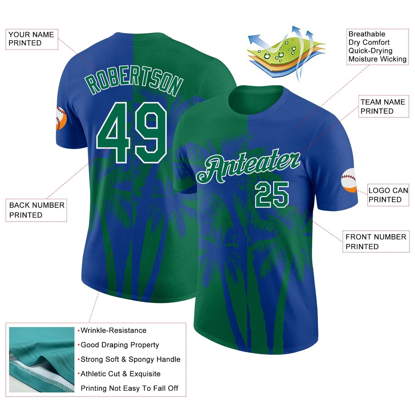 Custom Royal Kelly Green-White Hawaii Tropical Coastal Palm Trees Performance T-Shirt view 2