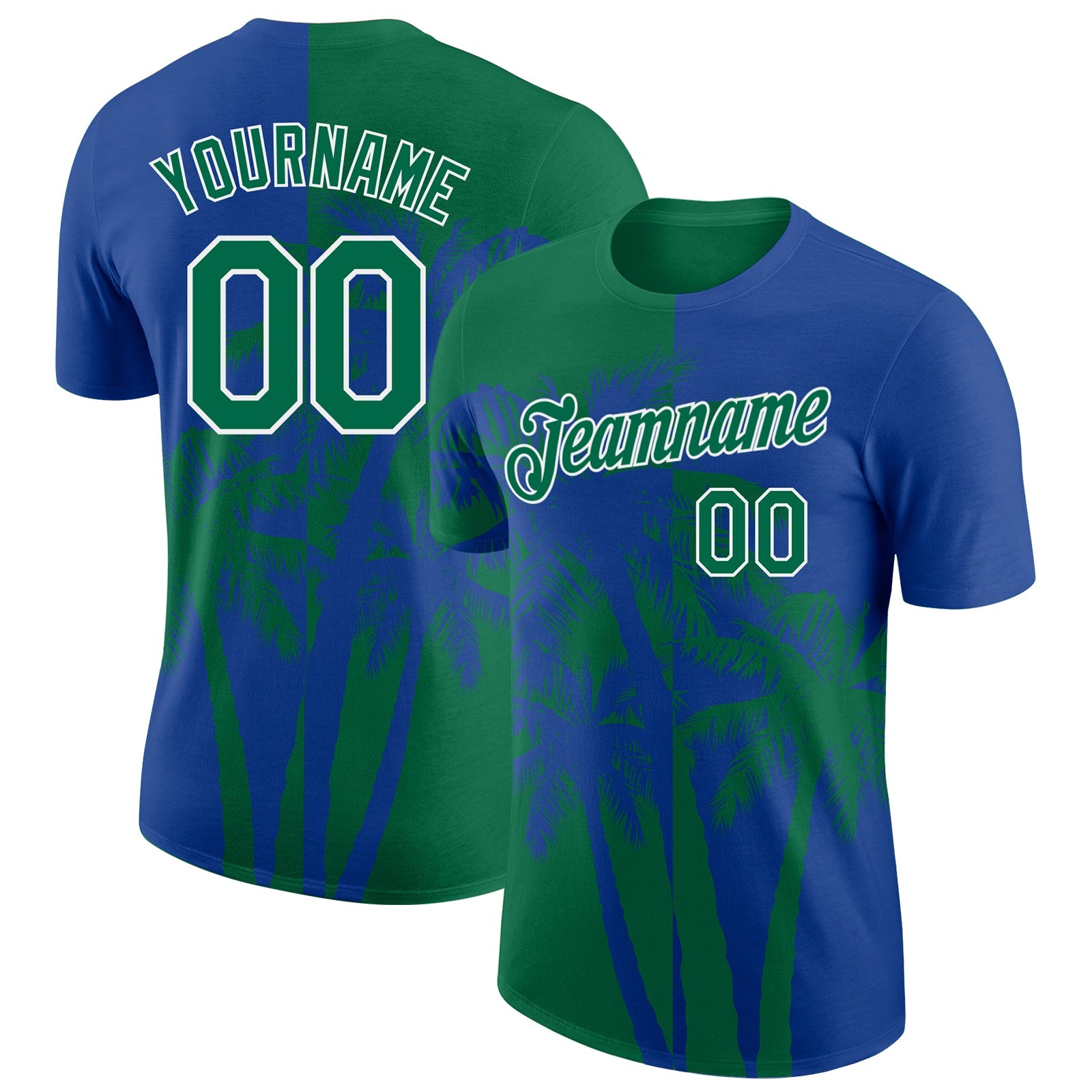 Custom Royal Kelly Green-White Hawaii Tropical Coastal Palm Trees Performance T-Shirt - Main View