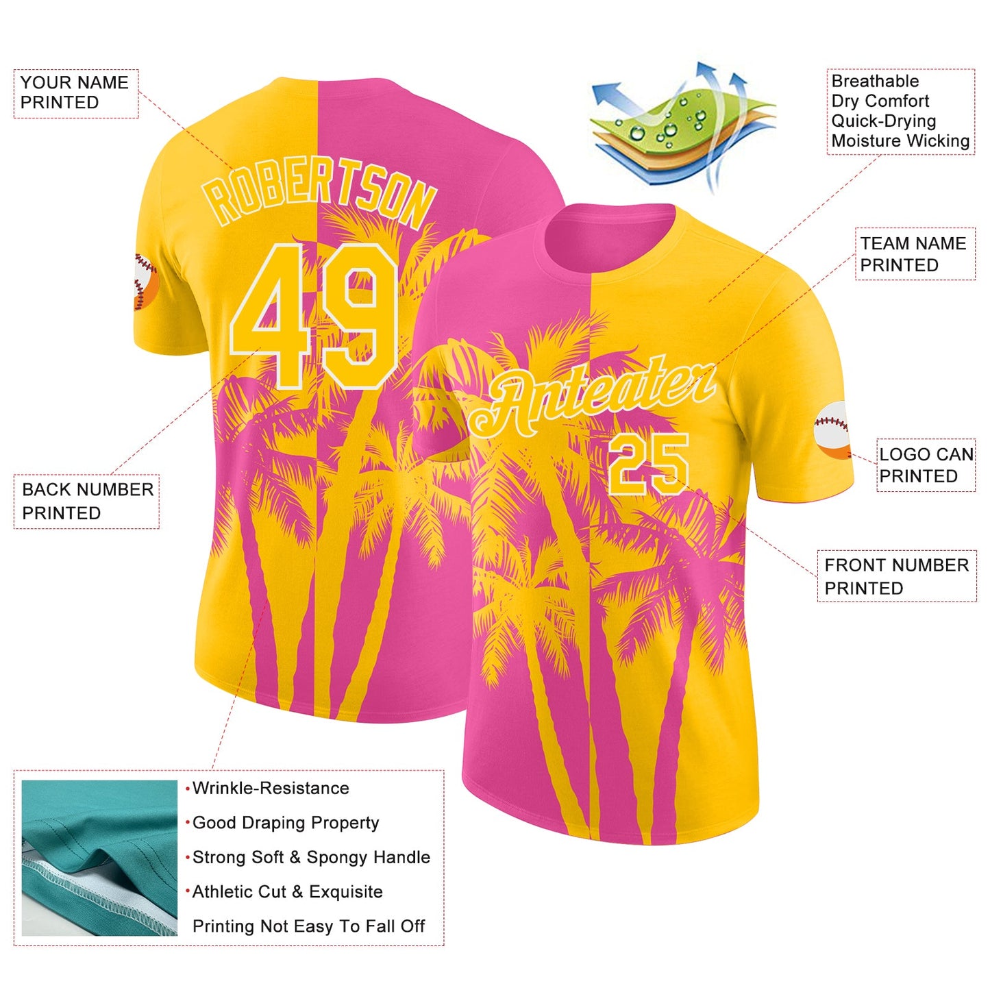 Custom Yellow Pink-White Hawaii Tropical Coastal Palm Trees Performance T-Shirt view 2