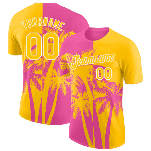 Custom Yellow Pink-White Hawaii Tropical Coastal Palm Trees Performance T-Shirt - Main View