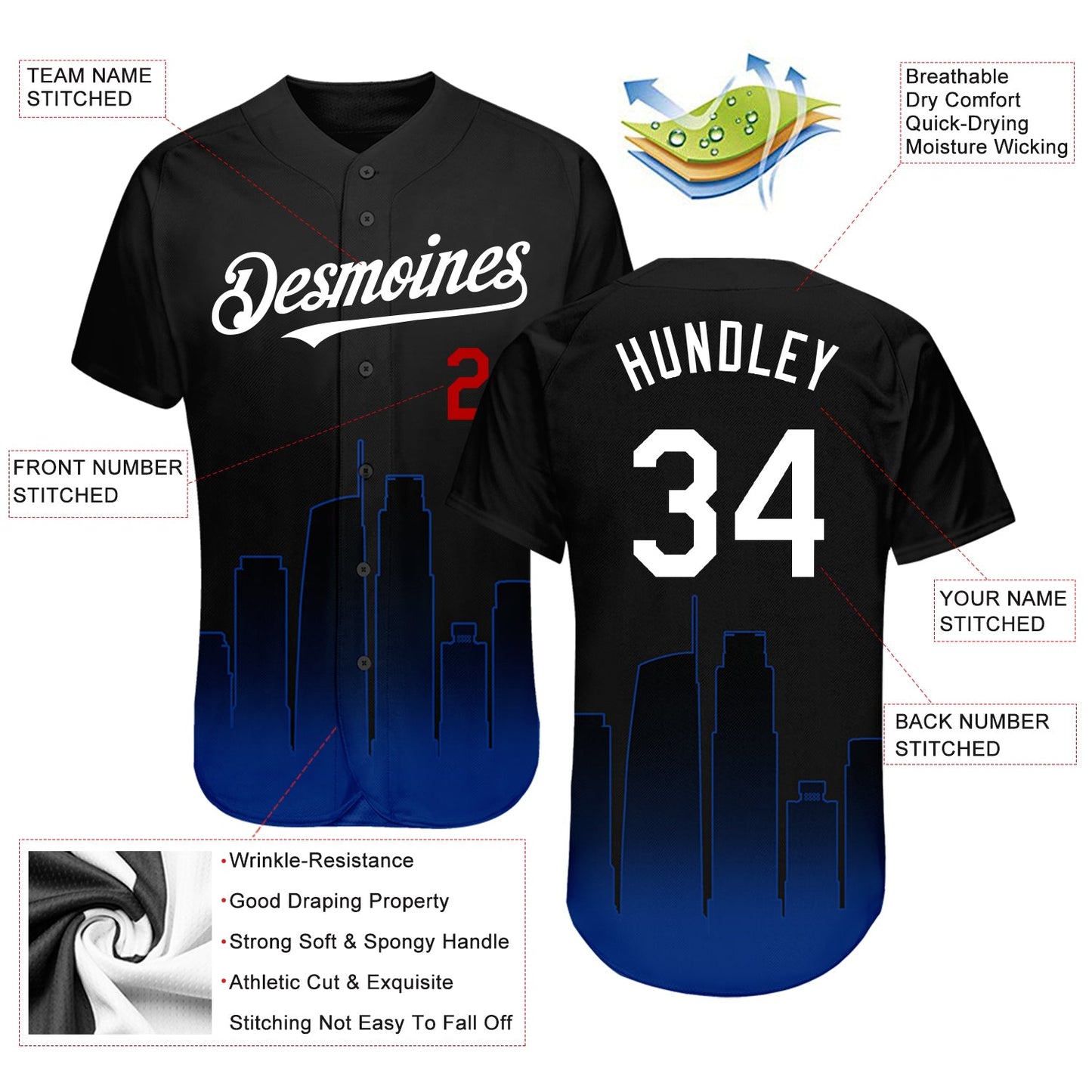 Custom Black White Royal-Red 3D Los Angeles City Edition Fade Fashion Authentic Baseball Jersey view 3