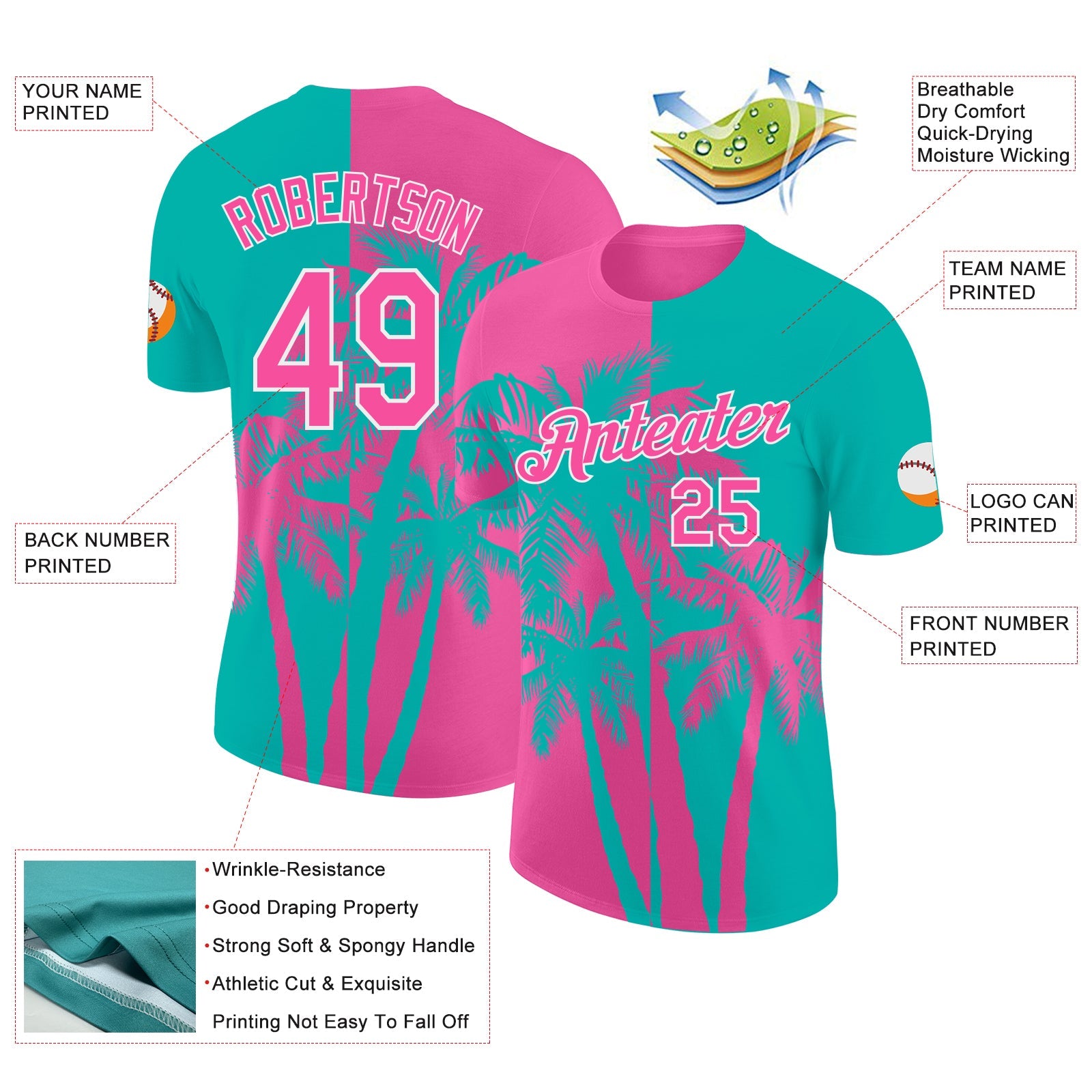 Custom Aqua Pink-White Hawaii Tropical Coastal Palm Trees Performance T-Shirt view 2