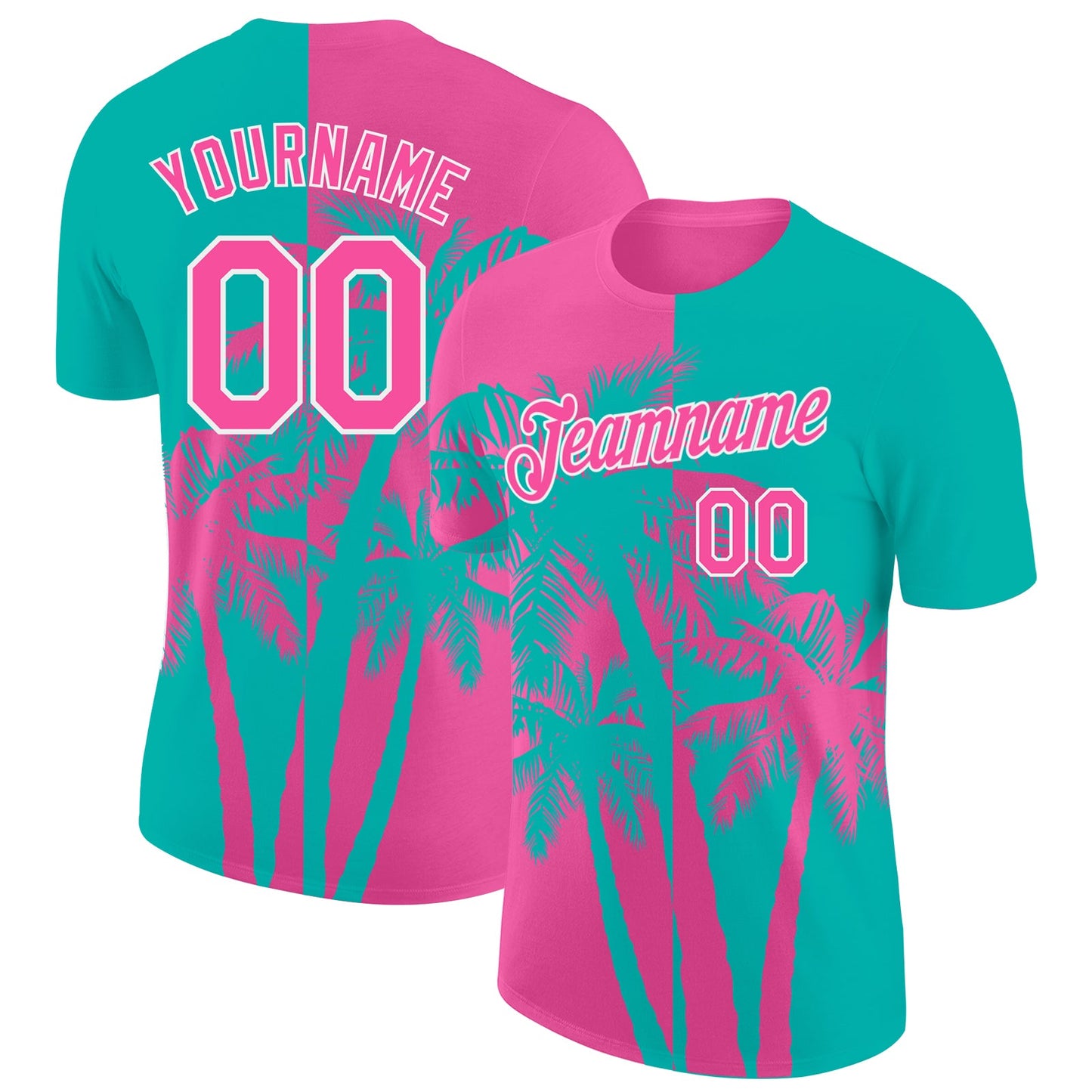Custom Aqua Pink-White Hawaii Tropical Coastal Palm Trees Performance T-Shirt - Main View