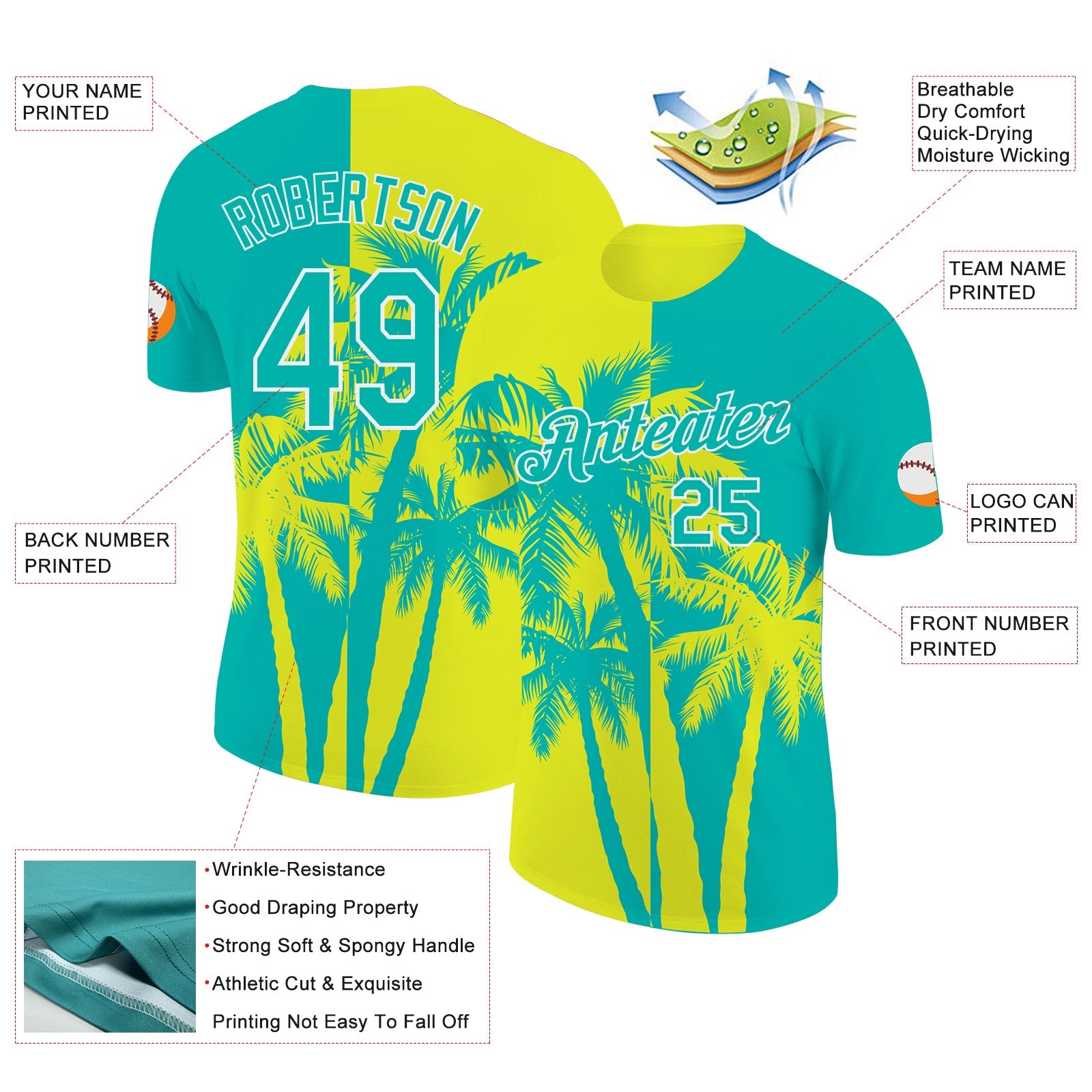 Custom Aqua Neon Yellow-White Hawaii Tropical Coastal Palm Trees Performance T-Shirt view 2