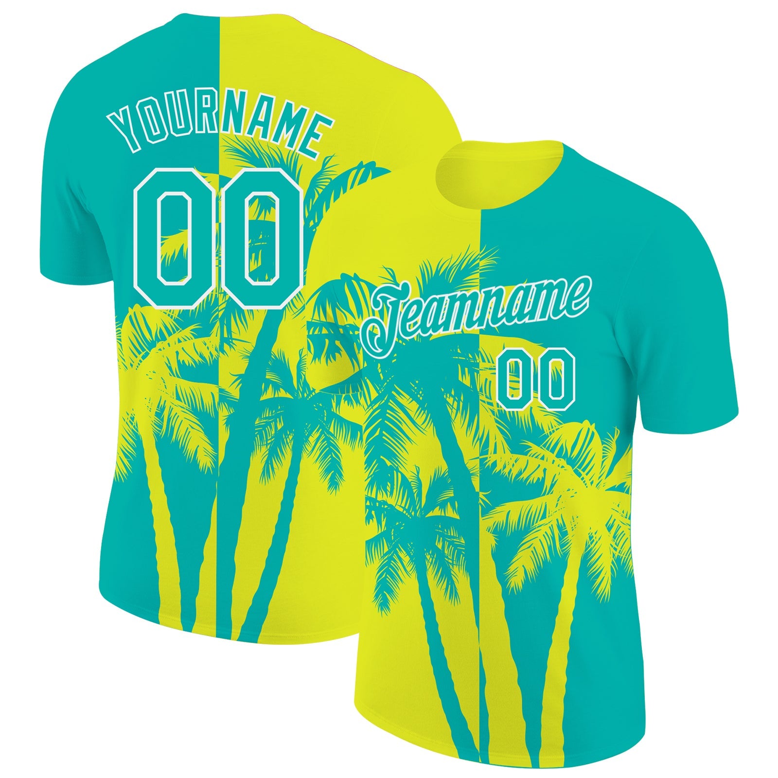 Custom Aqua Neon Yellow-White Hawaii Tropical Coastal Palm Trees Performance T-Shirt - Main View